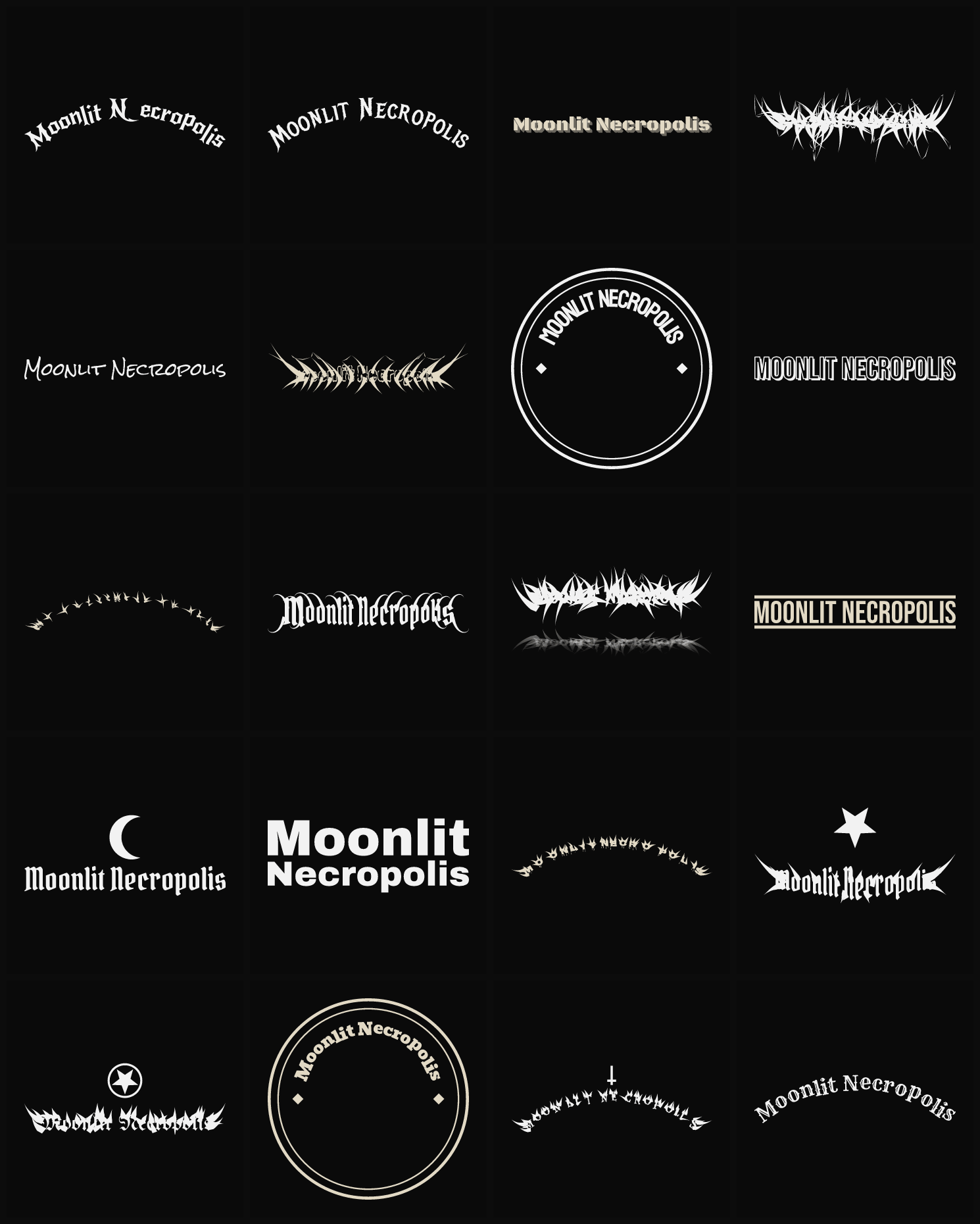 Twenty Moonlit Necropolis band logo ideas — different faces, treatments and spike settings