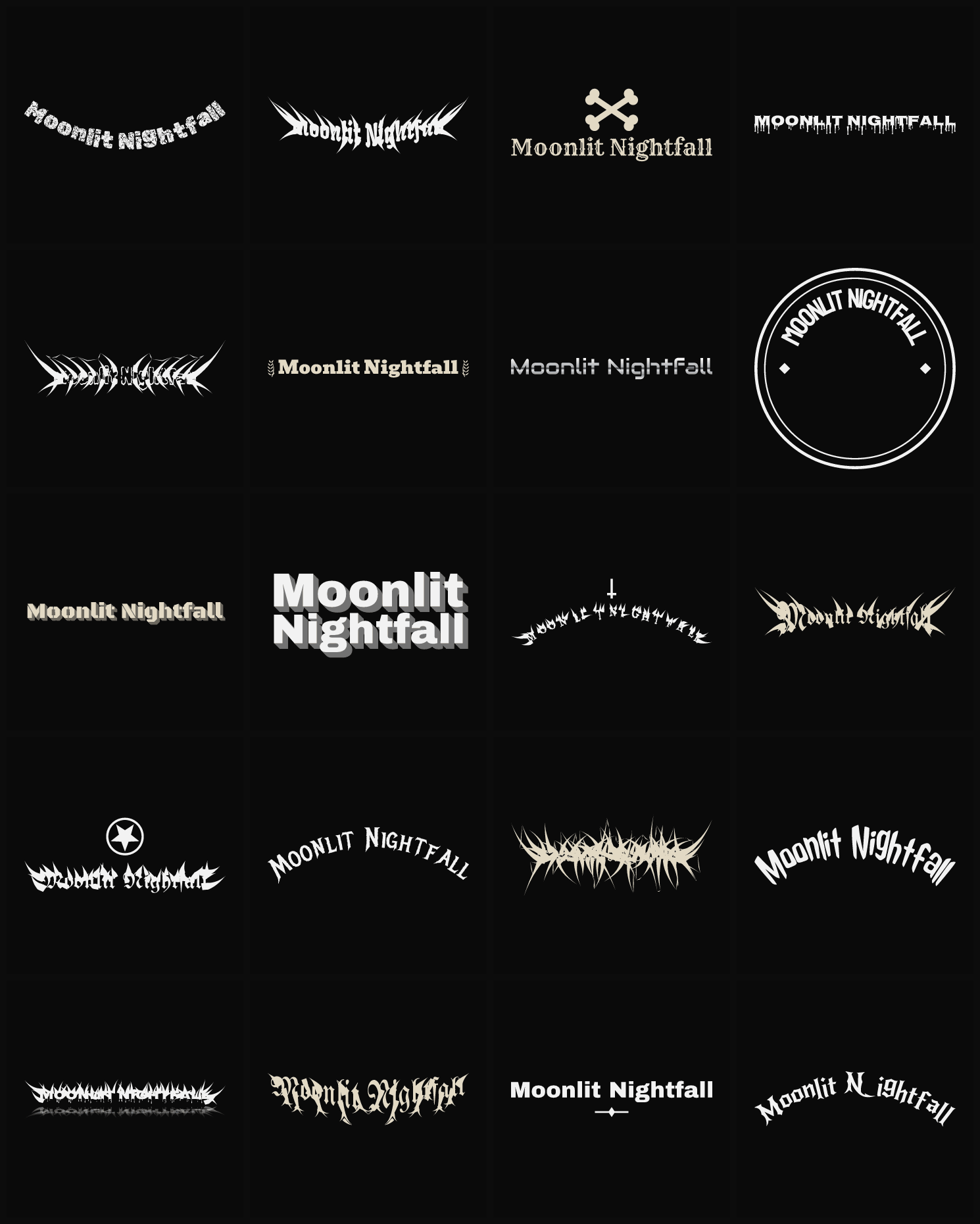 Twenty Moonlit Nightfall band logo ideas — different faces, treatments and spike settings