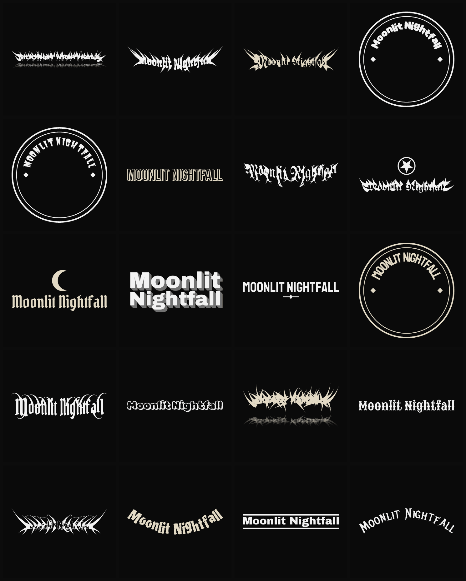 Twenty Moonlit Nightfall band logo ideas — different faces, treatments and spike settings