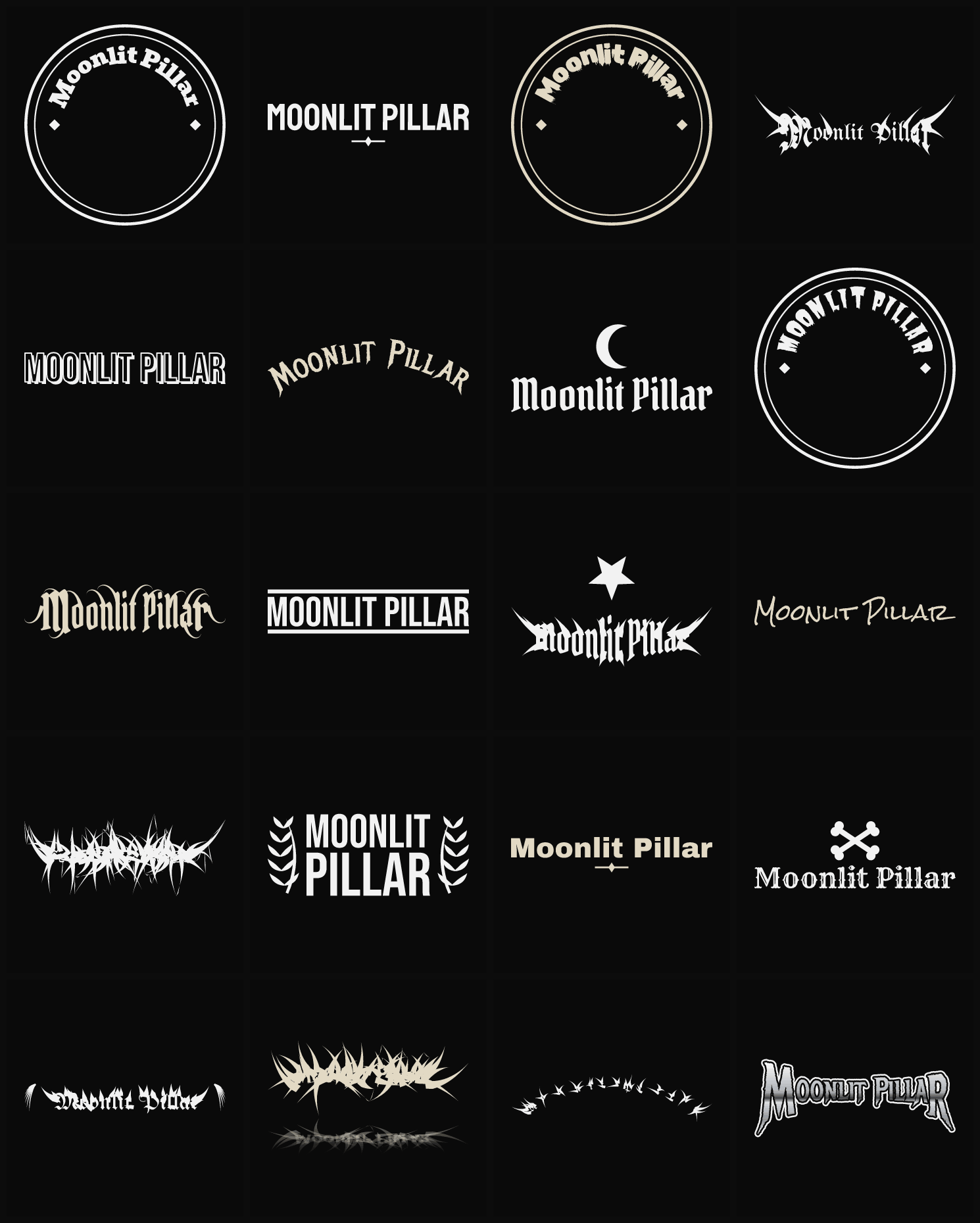 Twenty Moonlit Pillar band logo ideas — different faces, treatments and spike settings