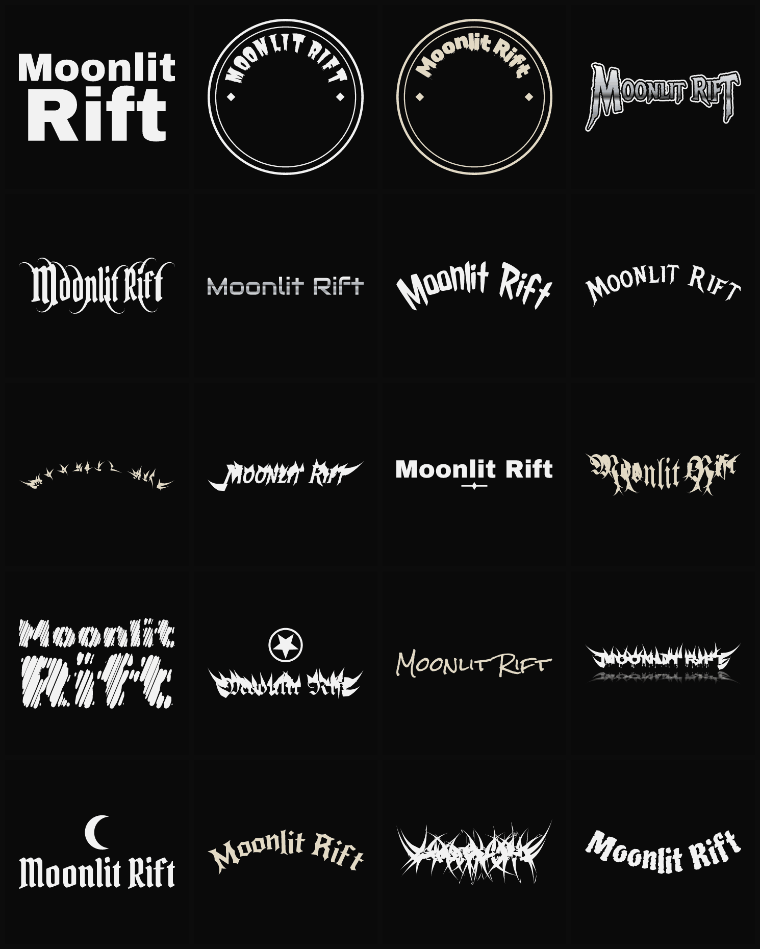 Twenty Moonlit Rift band logo ideas — different faces, treatments and spike settings
