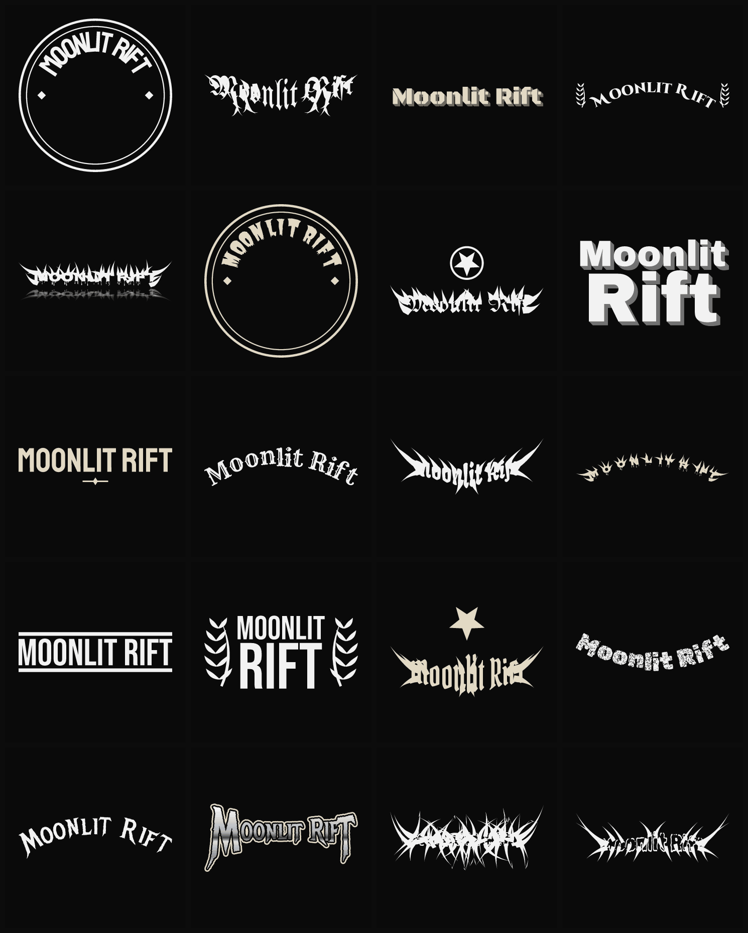 Twenty Moonlit Rift band logo ideas — different faces, treatments and spike settings