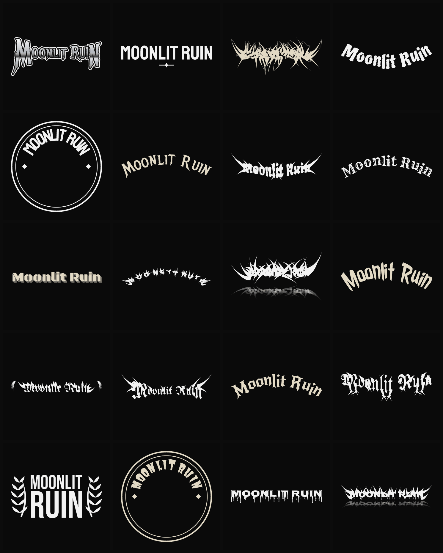Twenty Moonlit Ruin band logo ideas — different faces, treatments and spike settings