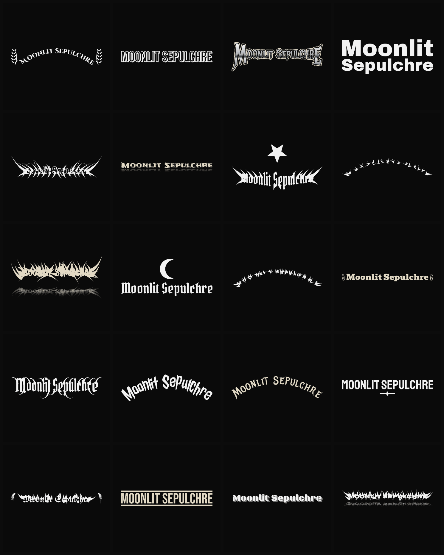 Twenty Moonlit Sepulchre band logo ideas — different faces, treatments and spike settings