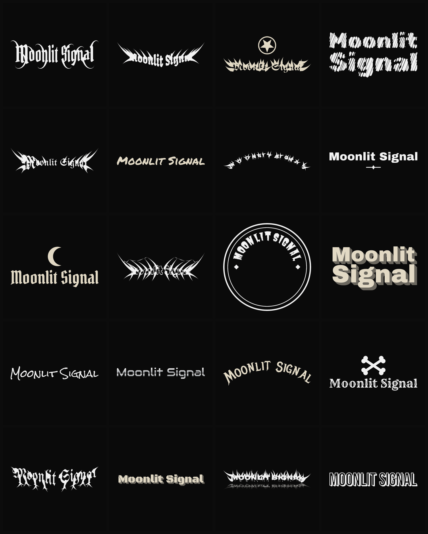 Twenty Moonlit Signal band logo ideas — different faces, treatments and spike settings