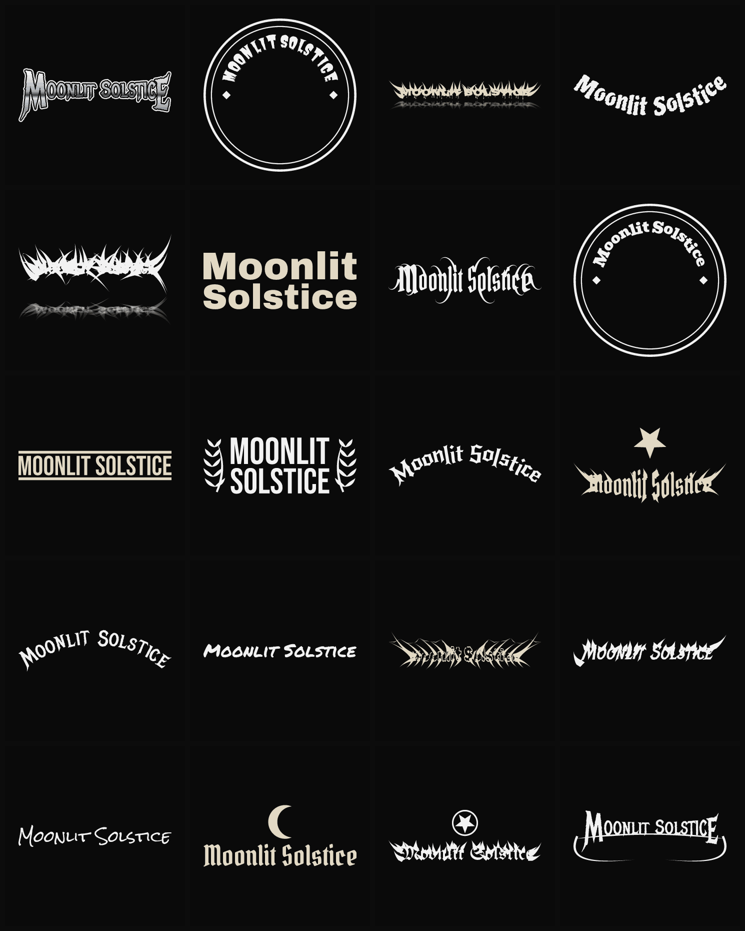Twenty Moonlit Solstice band logo ideas — different faces, treatments and spike settings