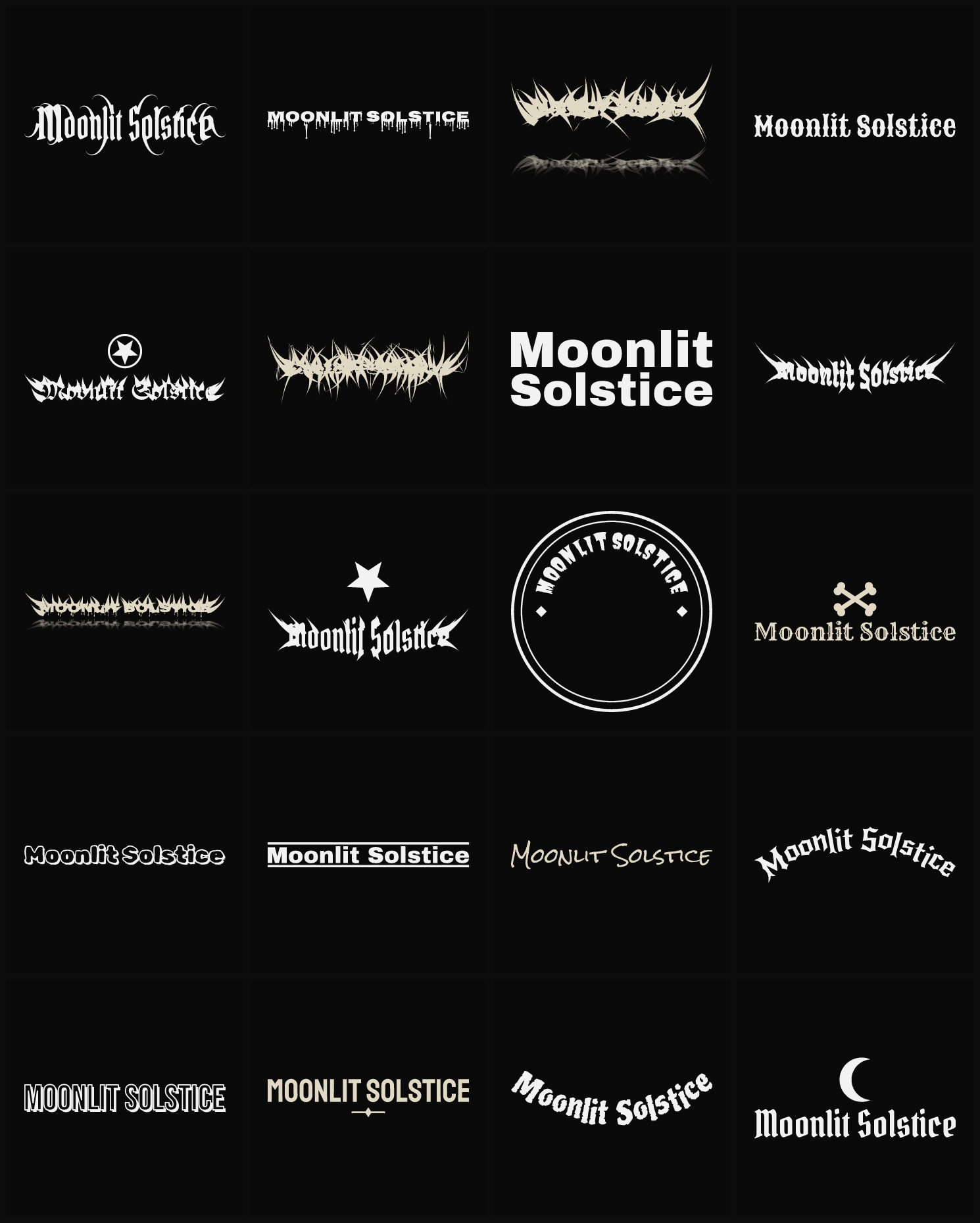 Twenty Moonlit Solstice band logo ideas — different faces, treatments and spike settings