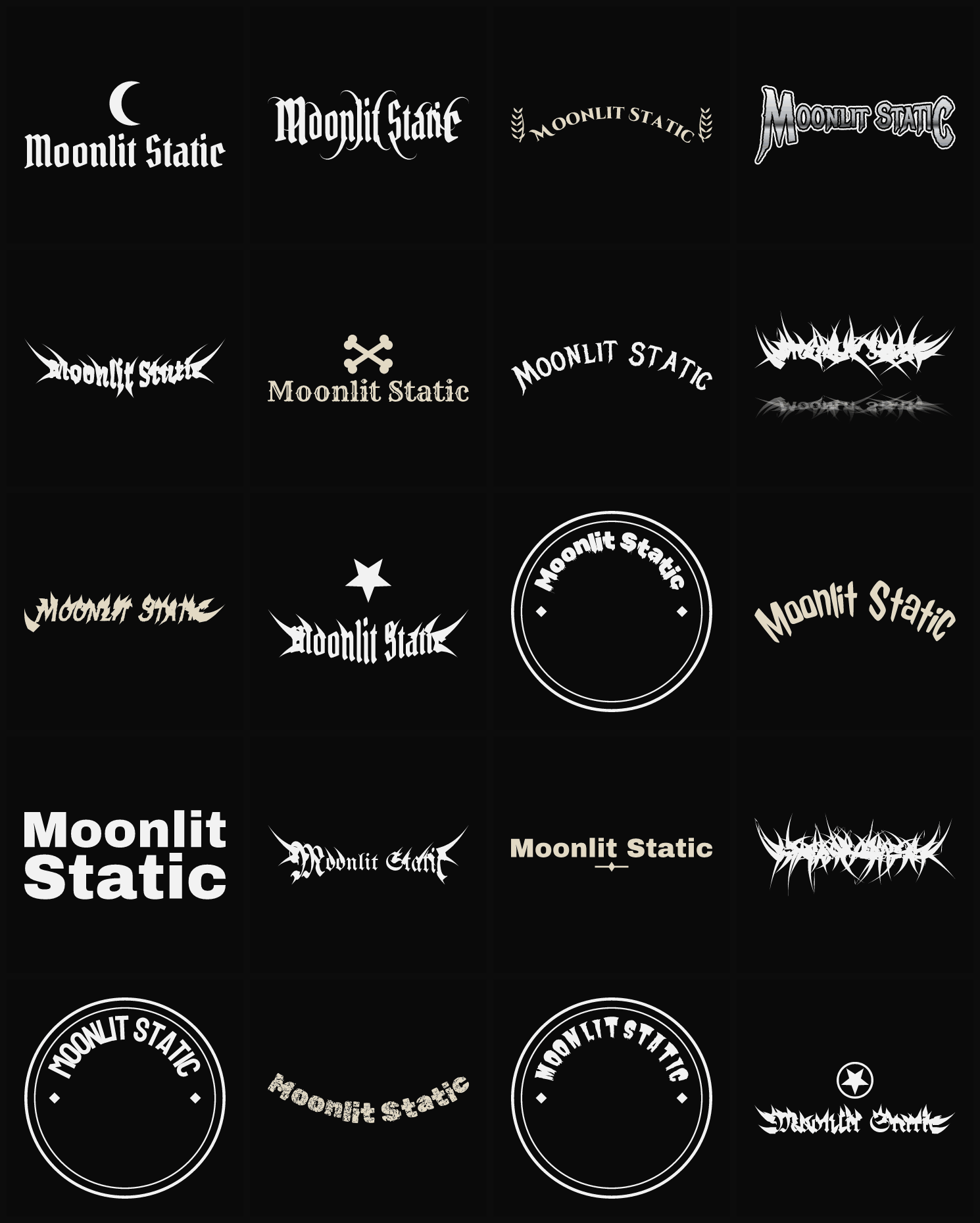 Twenty Moonlit Static band logo ideas — different faces, treatments and spike settings