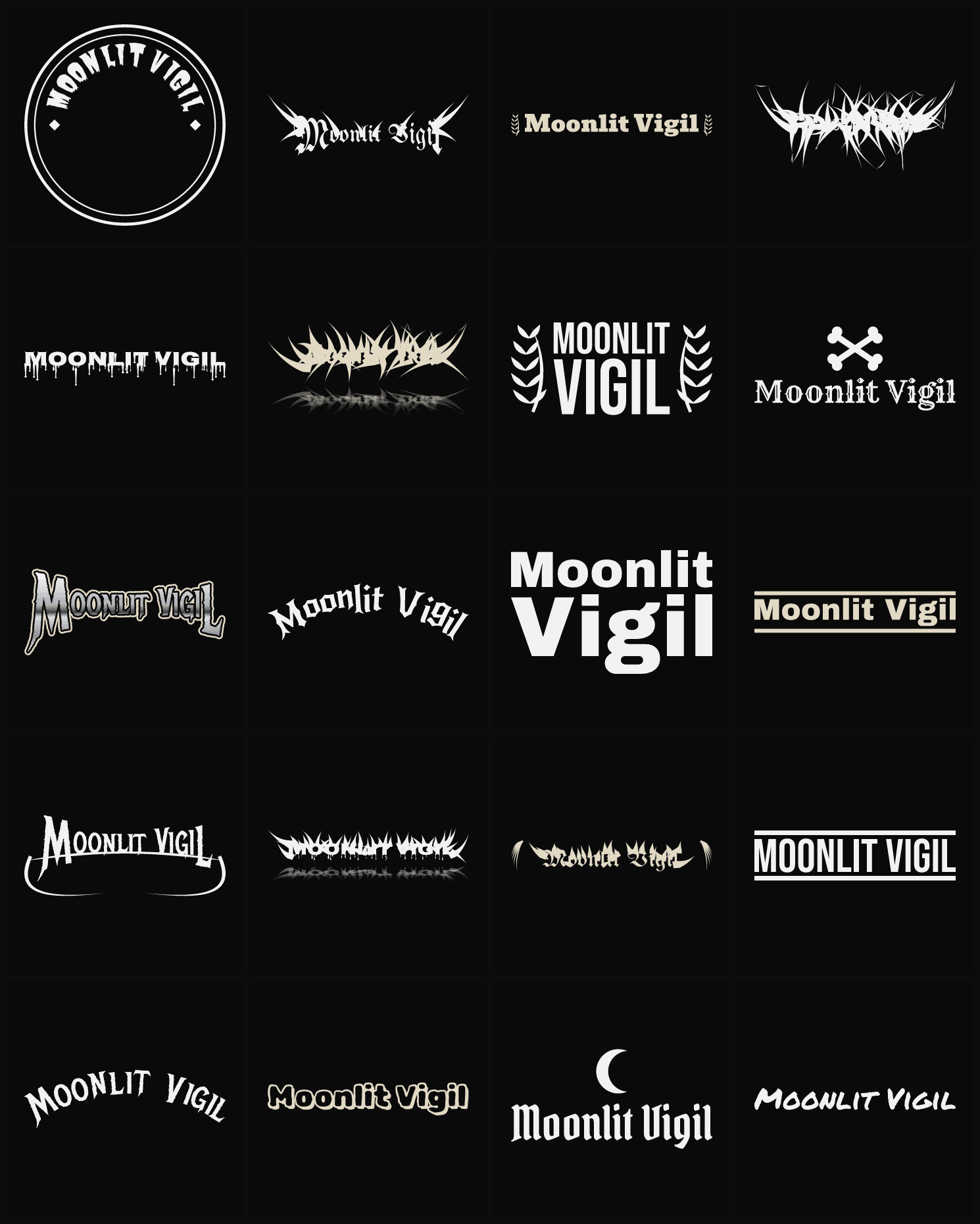 Twenty Moonlit Vigil band logo ideas — different faces, treatments and spike settings