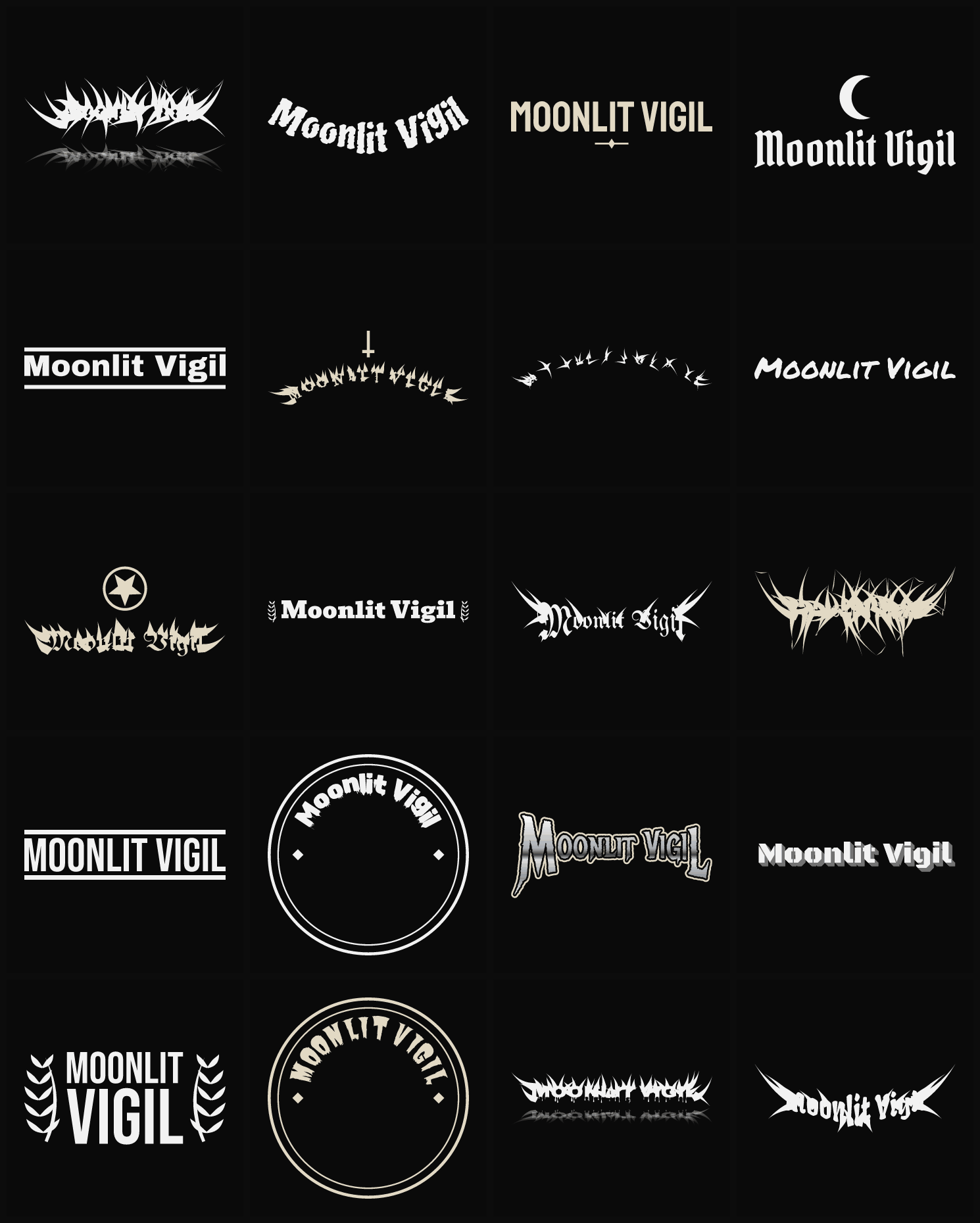 Twenty Moonlit Vigil band logo ideas — different faces, treatments and spike settings