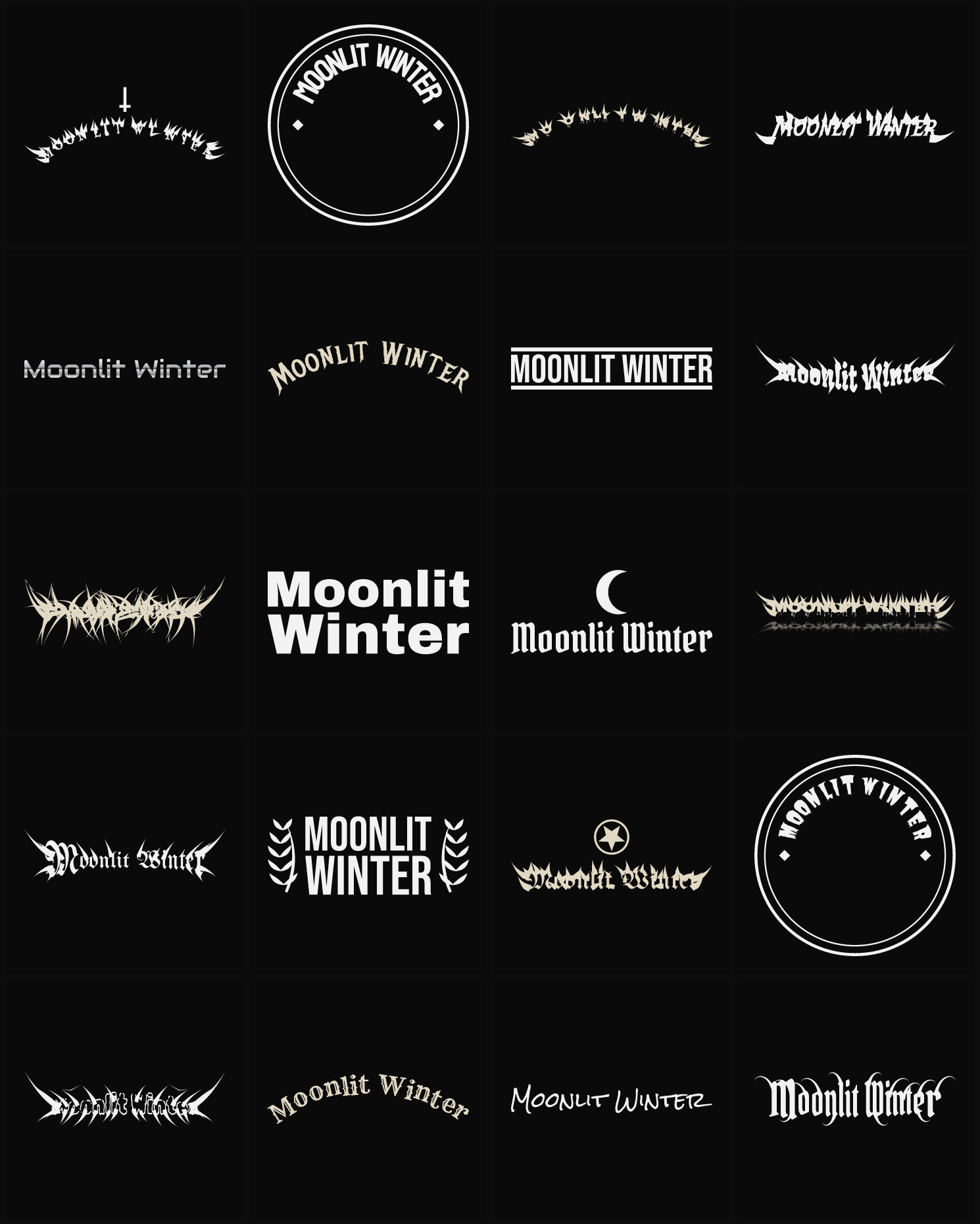 Twenty Moonlit Winter band logo ideas — different faces, treatments and spike settings