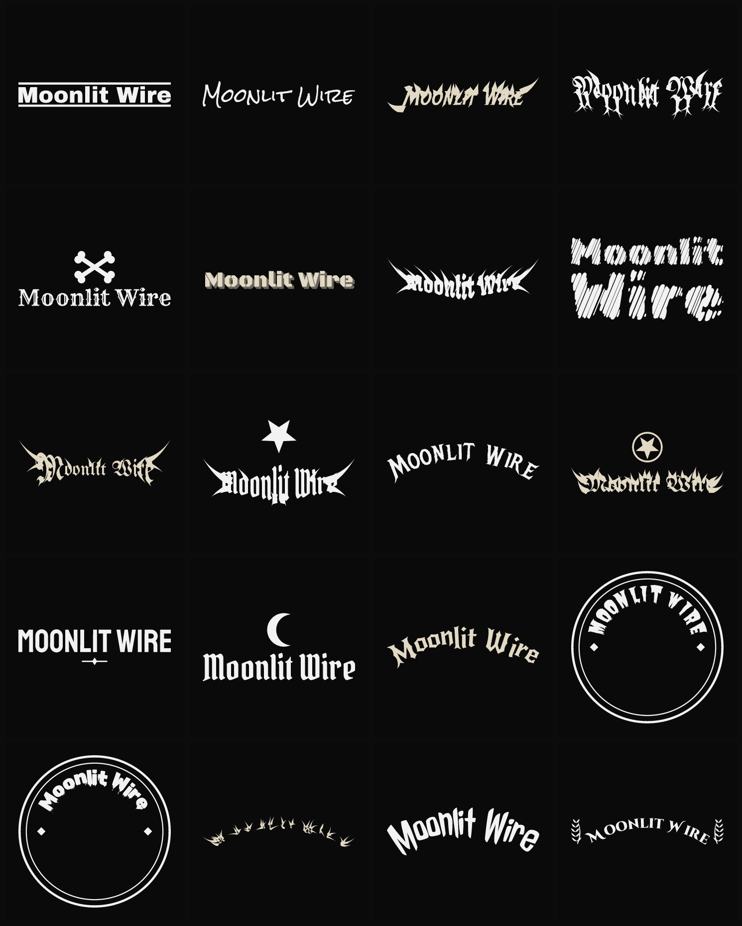 Twenty Moonlit Wire band logo ideas — different faces, treatments and spike settings