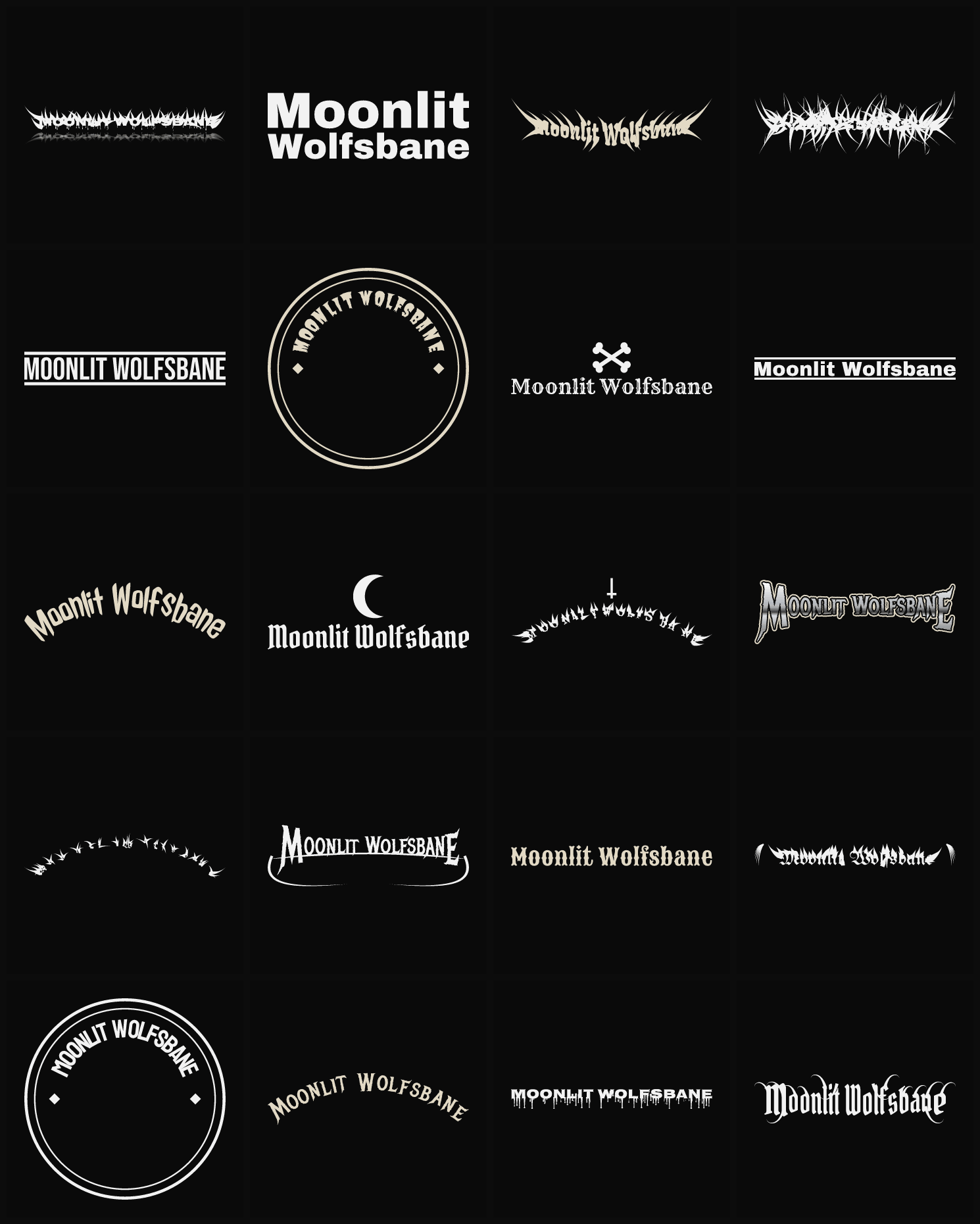 Twenty Moonlit Wolfsbane band logo ideas — different faces, treatments and spike settings