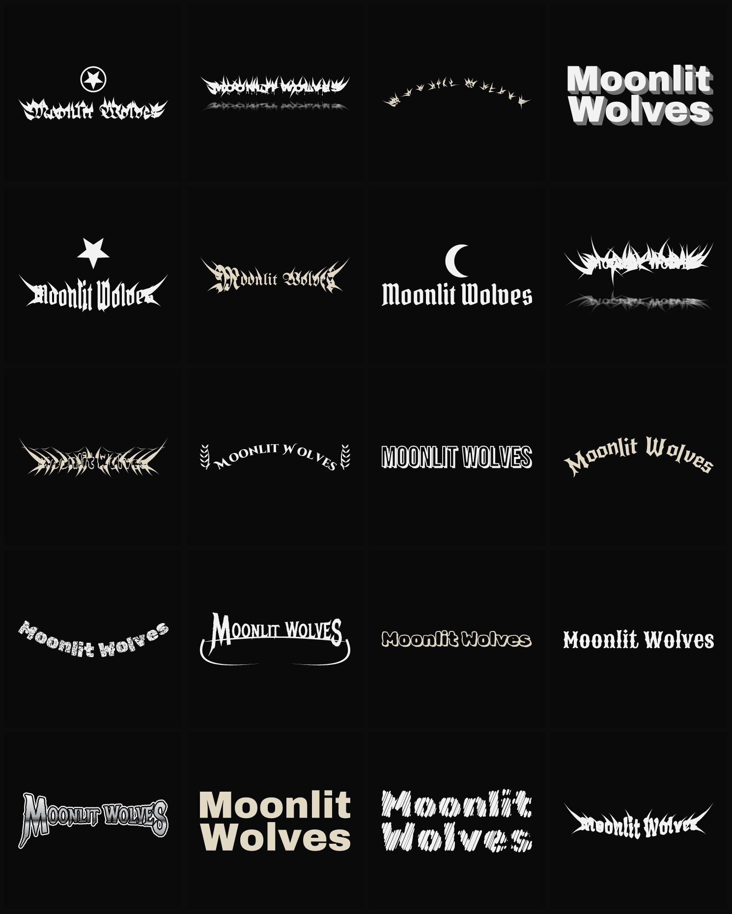 Twenty Moonlit Wolves band logo ideas — different faces, treatments and spike settings