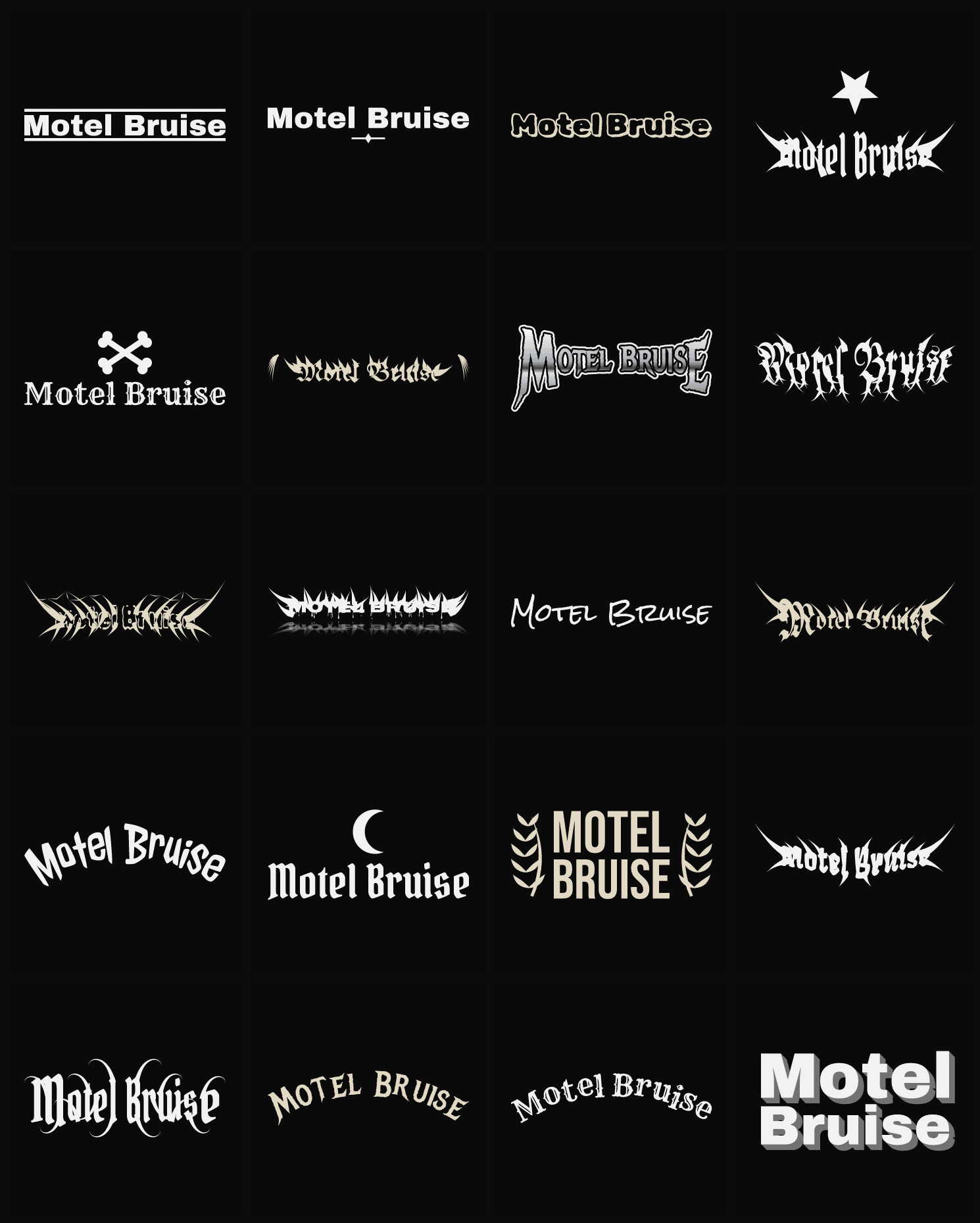 Twenty Motel Bruise band logo ideas — different faces, treatments and spike settings