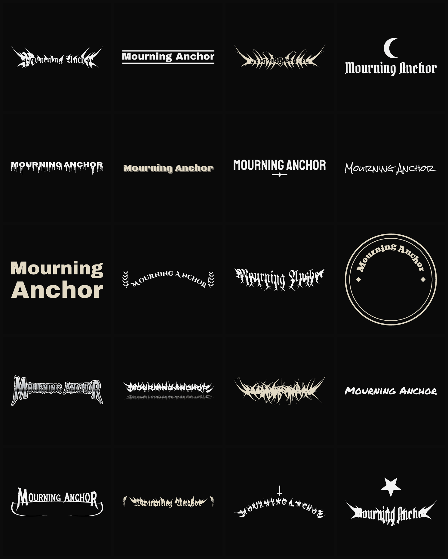 Twenty Mourning Anchor band logo ideas — different faces, treatments and spike settings