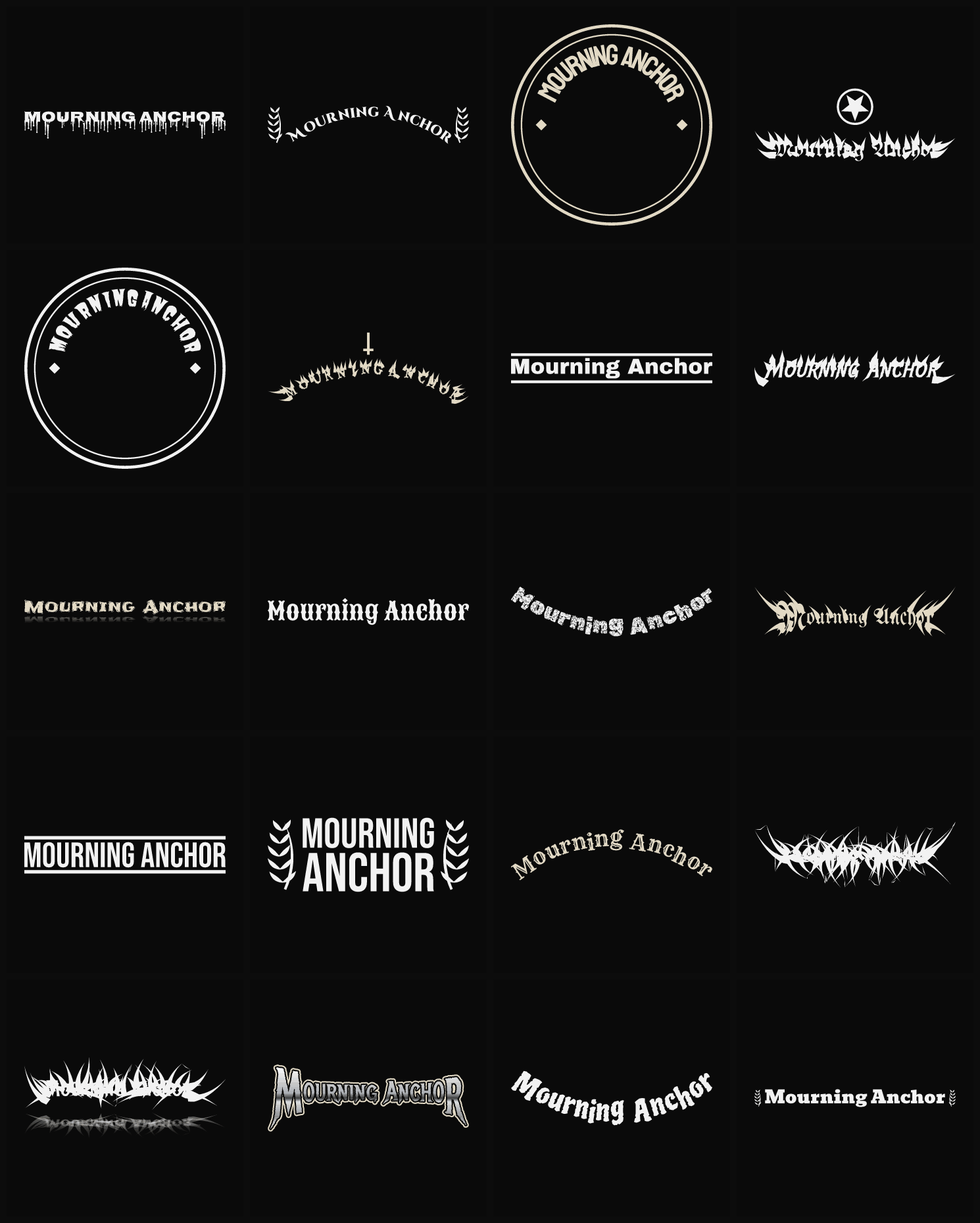 Twenty Mourning Anchor band logo ideas — different faces, treatments and spike settings