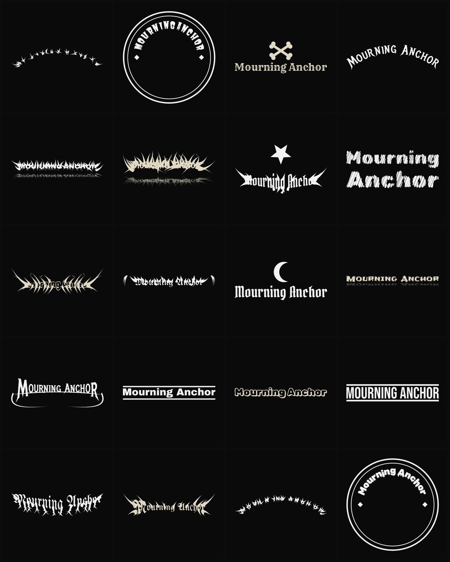 Twenty Mourning Anchor band logo ideas — different faces, treatments and spike settings