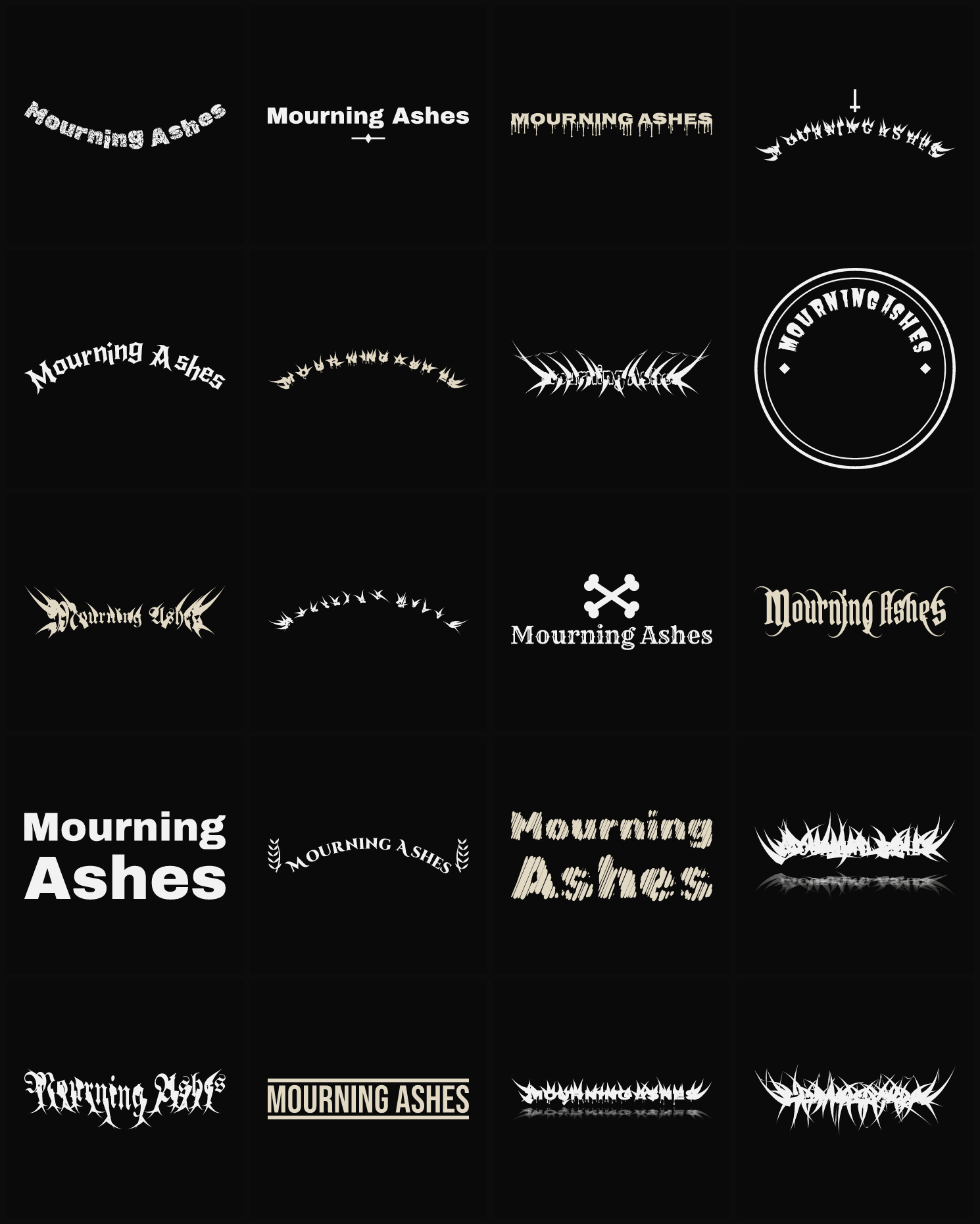Twenty Mourning Ashes band logo ideas — different faces, treatments and spike settings