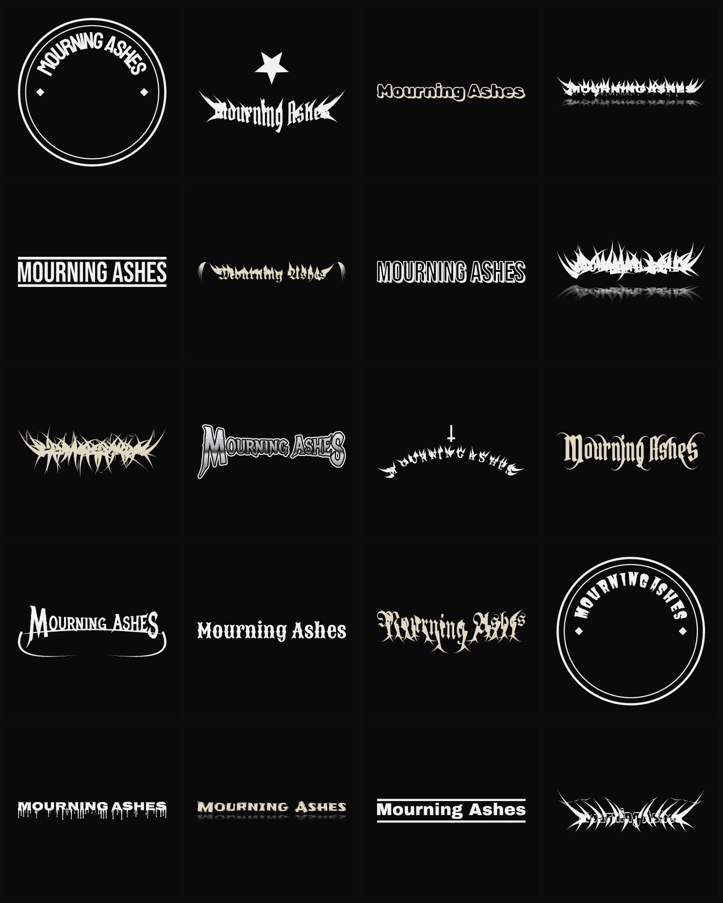 Twenty Mourning Ashes band logo ideas — different faces, treatments and spike settings
