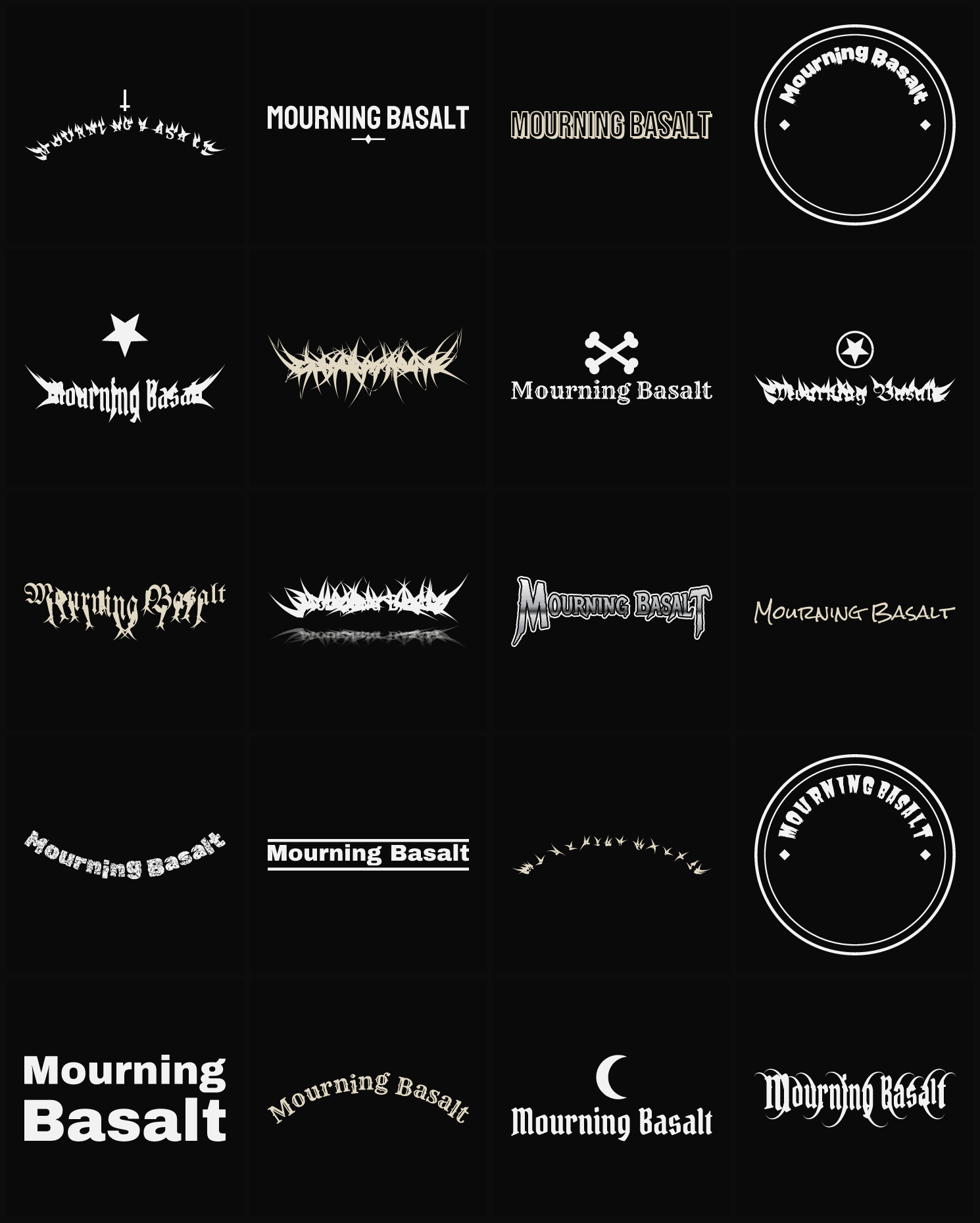 Twenty Mourning Basalt band logo ideas — different faces, treatments and spike settings