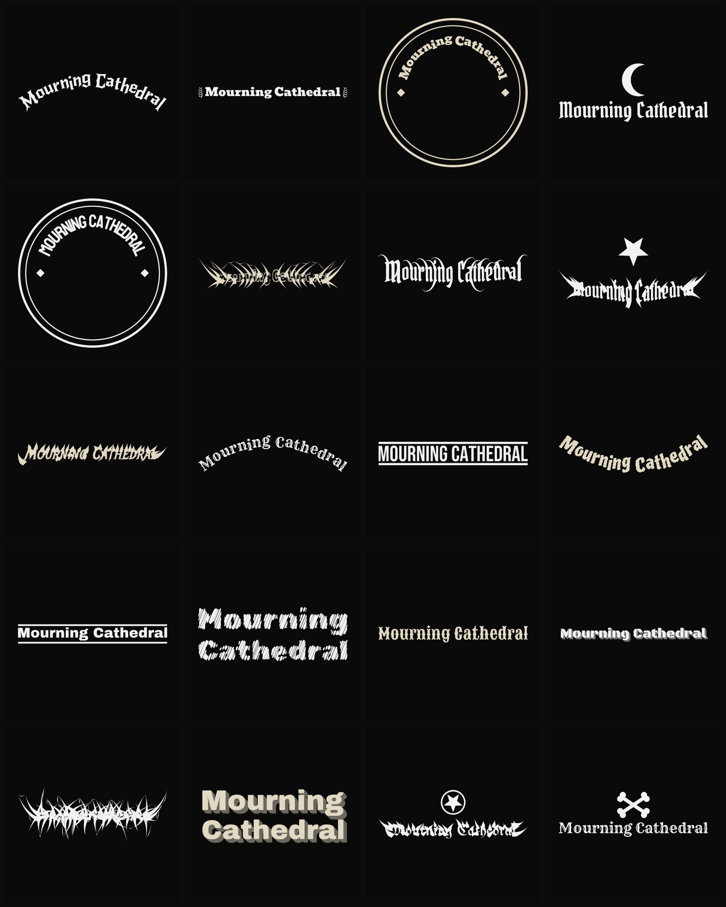 Twenty Mourning Cathedral band logo ideas — different faces, treatments and spike settings