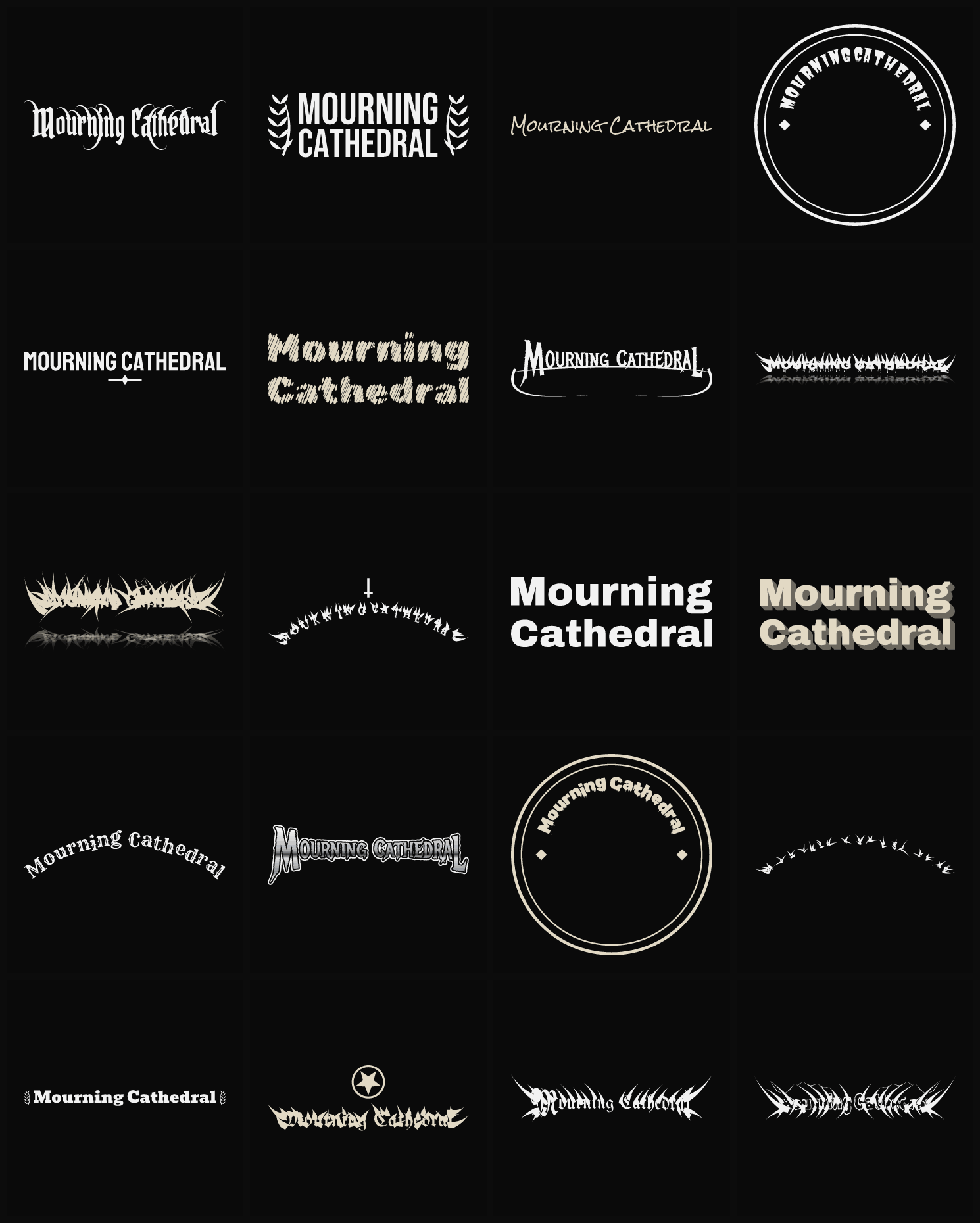 Twenty Mourning Cathedral band logo ideas — different faces, treatments and spike settings