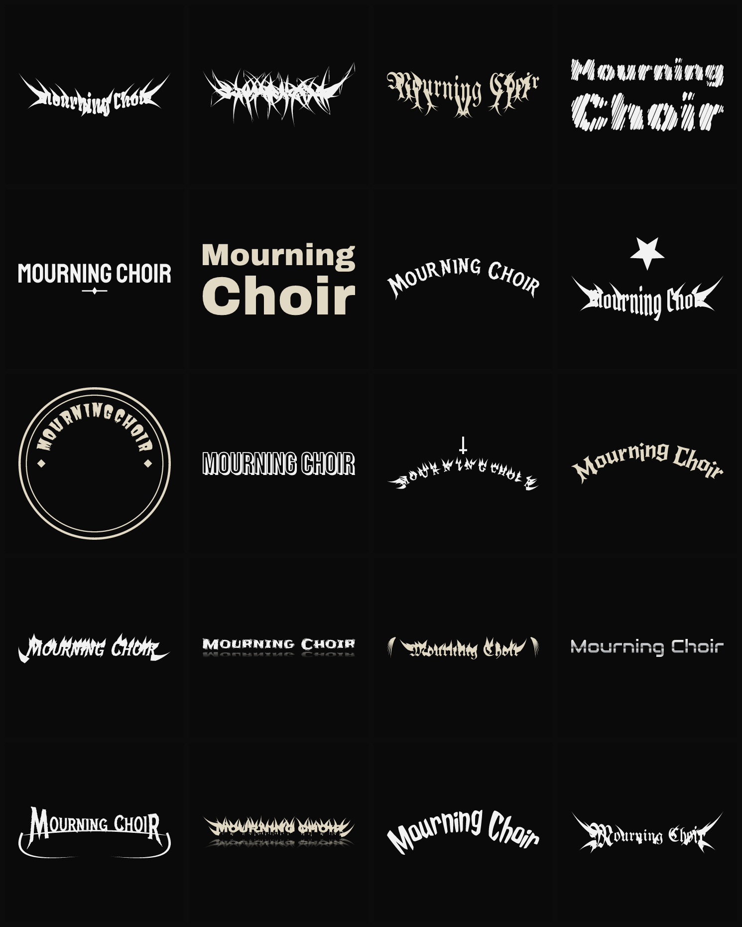 Twenty Mourning Choir band logo ideas — different faces, treatments and spike settings