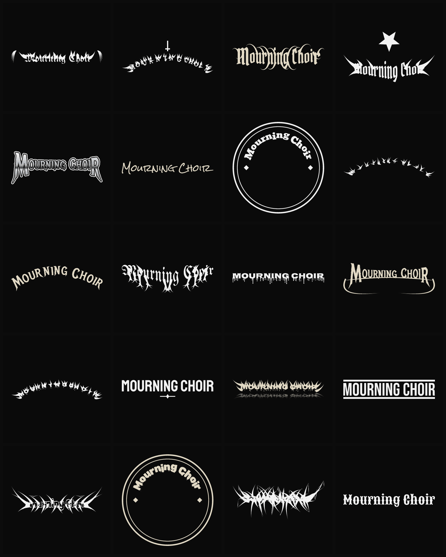 Twenty Mourning Choir band logo ideas — different faces, treatments and spike settings
