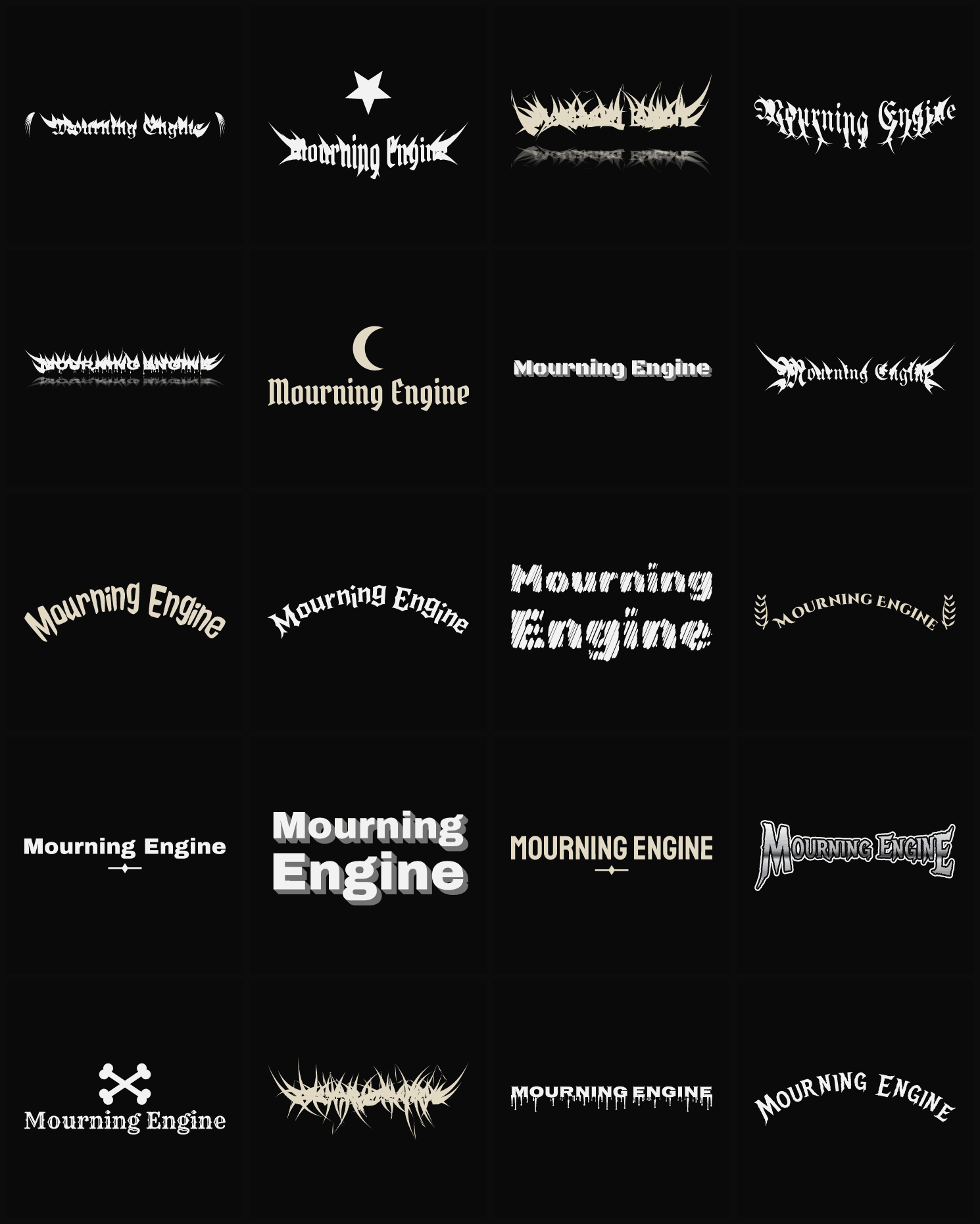 Twenty Mourning Engine band logo ideas — different faces, treatments and spike settings