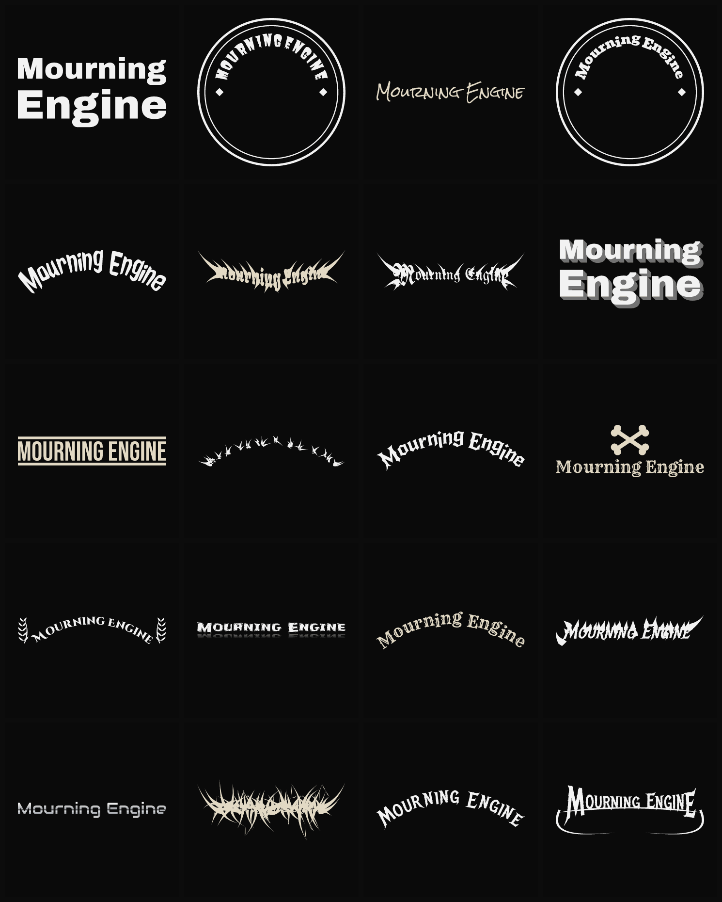Twenty Mourning Engine band logo ideas — different faces, treatments and spike settings