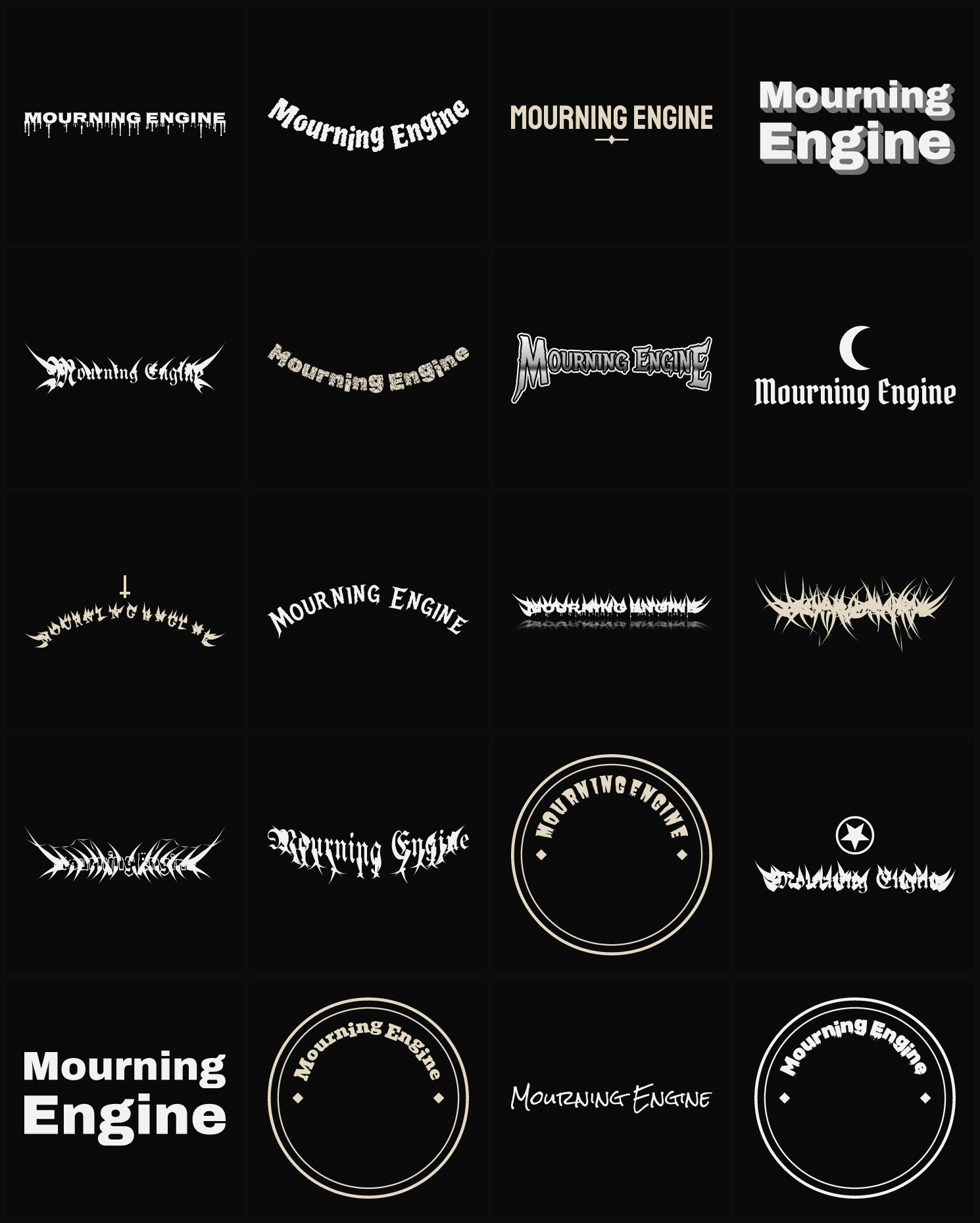 Twenty Mourning Engine band logo ideas — different faces, treatments and spike settings