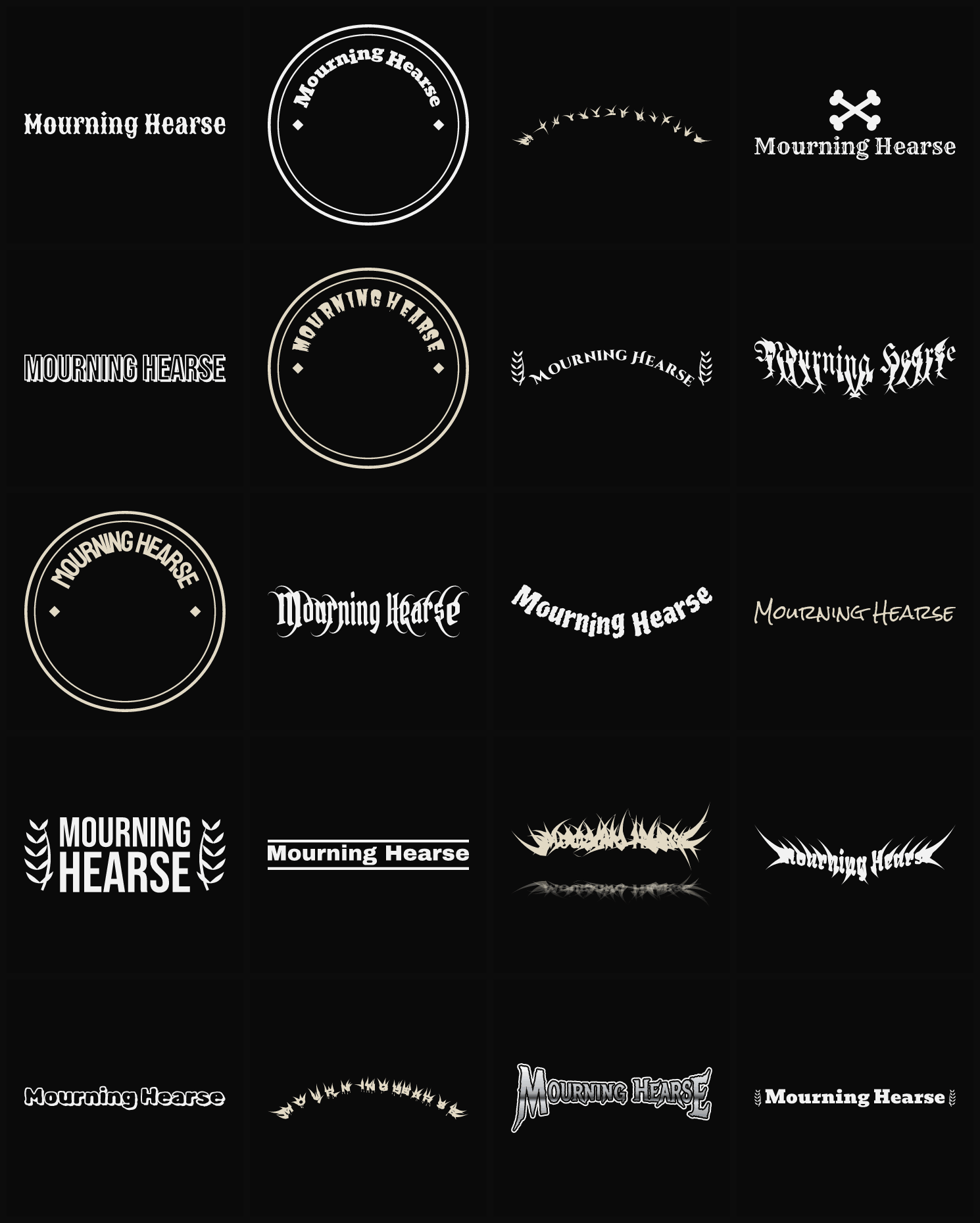 Twenty Mourning Hearse band logo ideas — different faces, treatments and spike settings