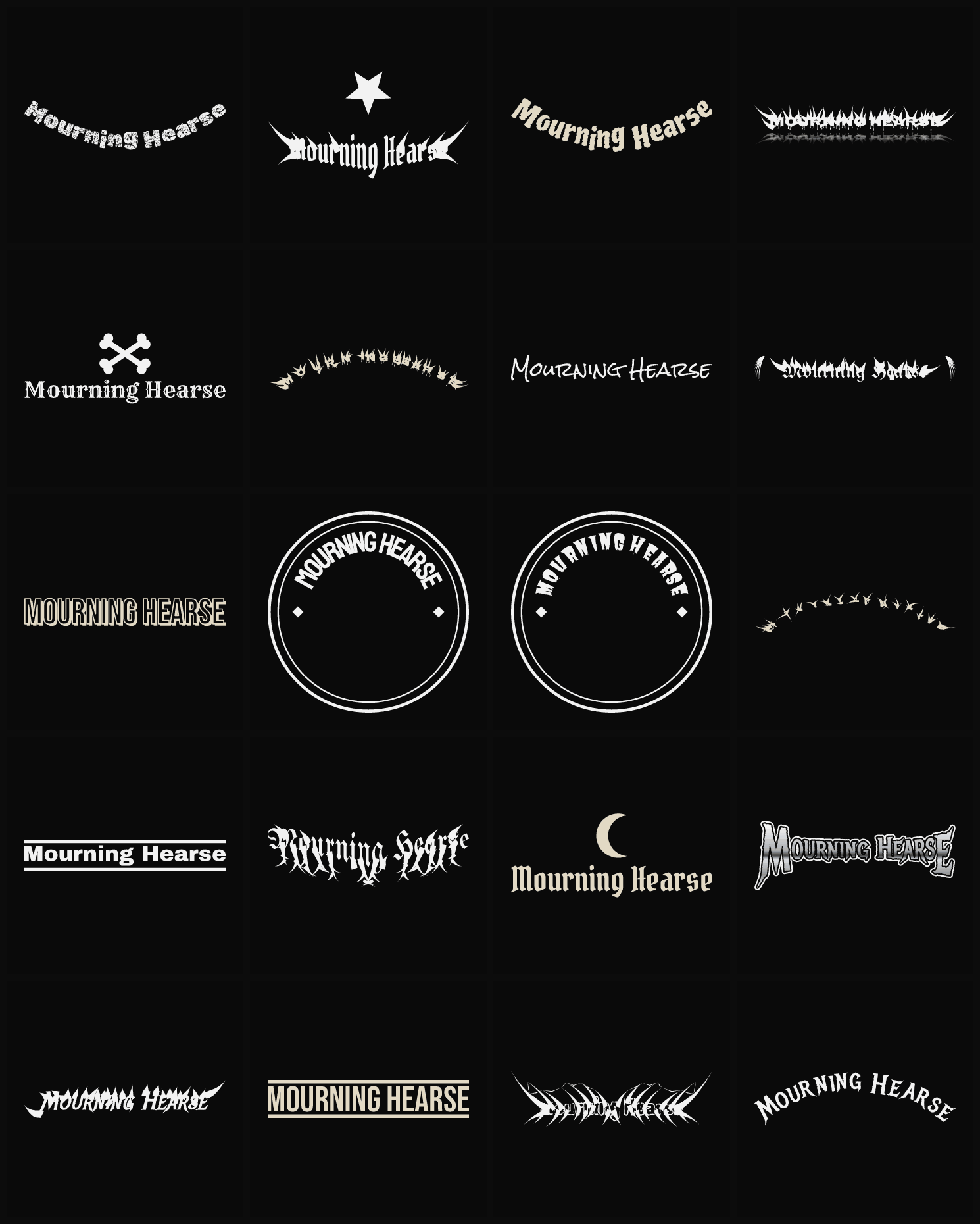 Twenty Mourning Hearse band logo ideas — different faces, treatments and spike settings
