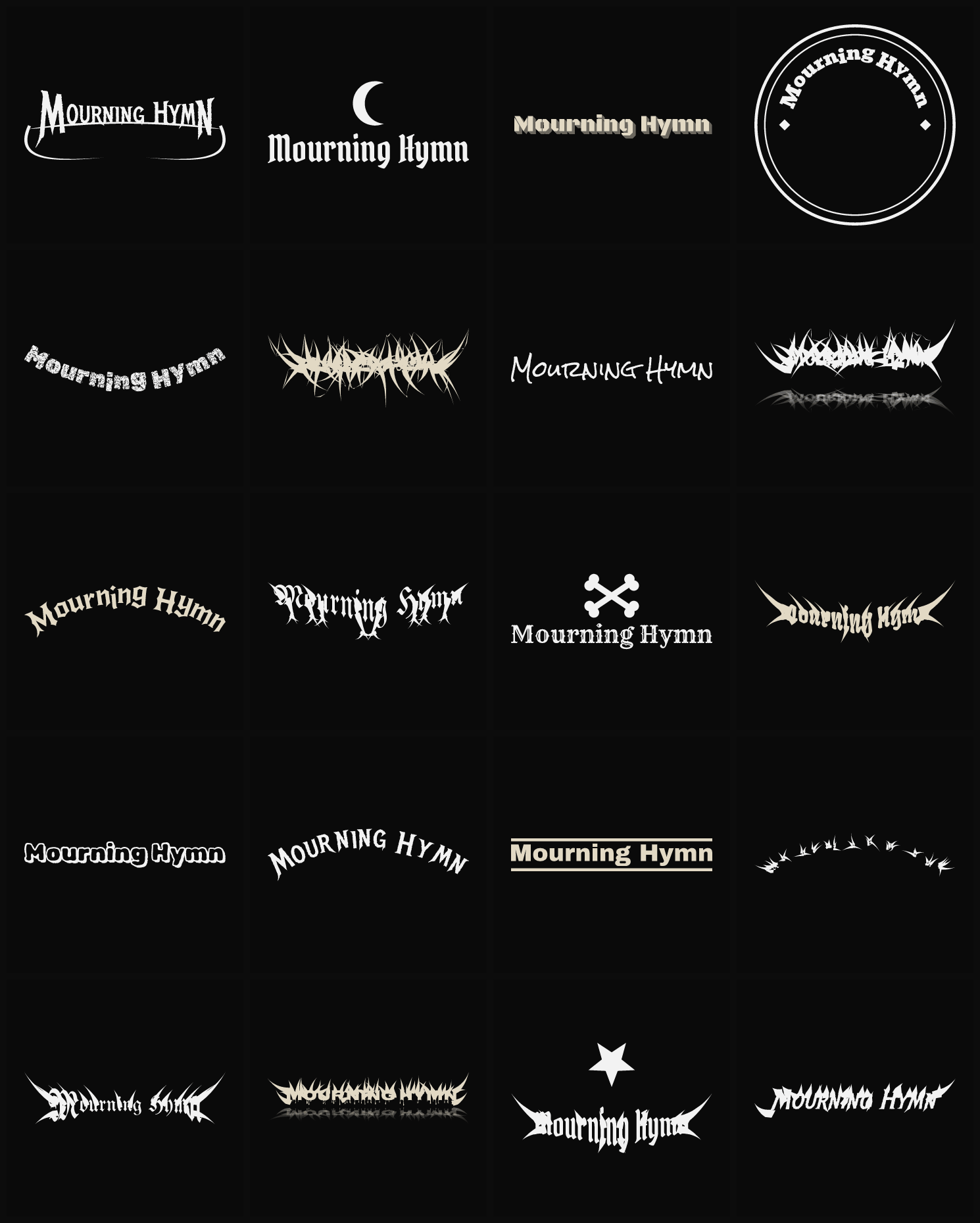 Twenty Mourning Hymn band logo ideas — different faces, treatments and spike settings