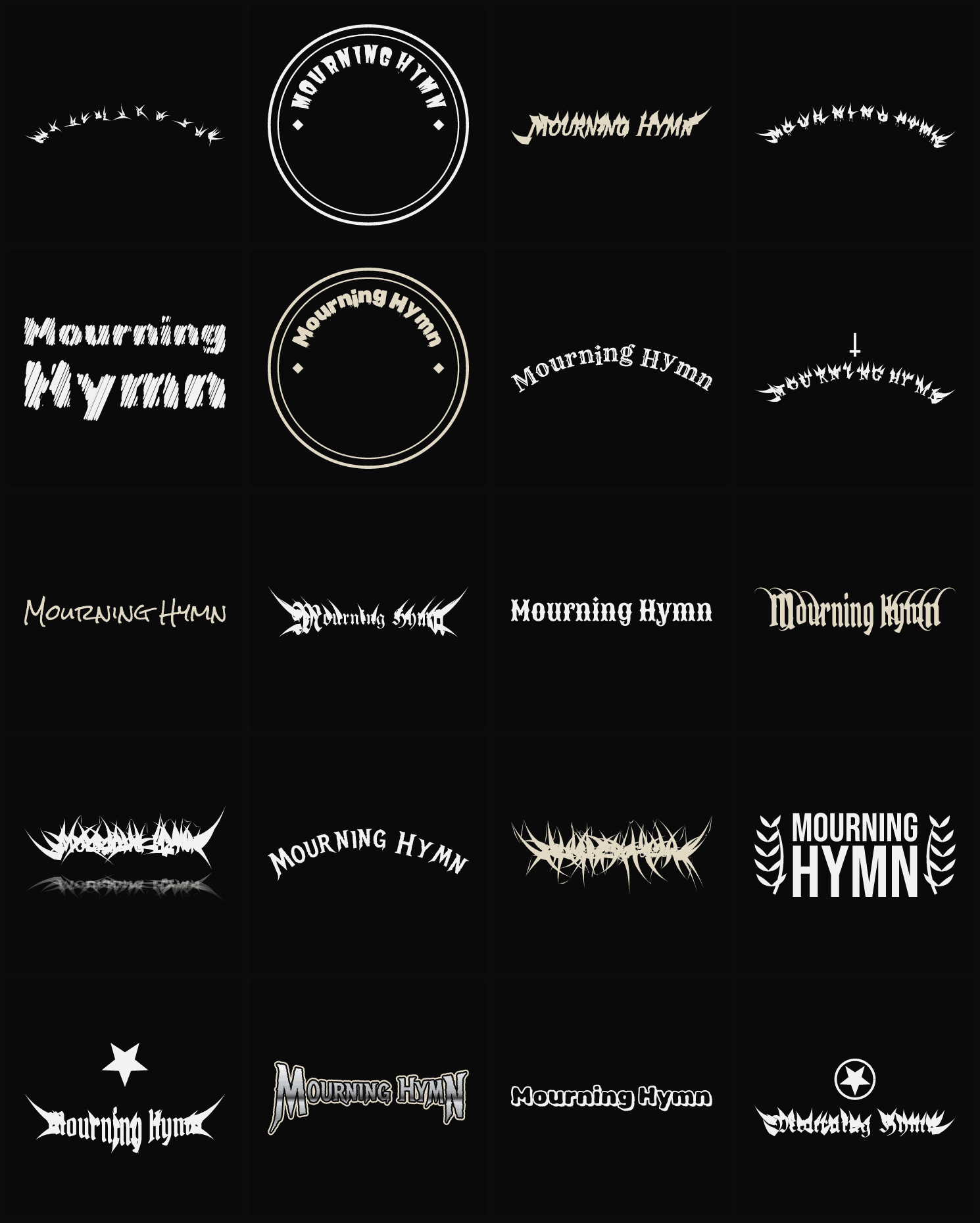 Twenty Mourning Hymn band logo ideas — different faces, treatments and spike settings