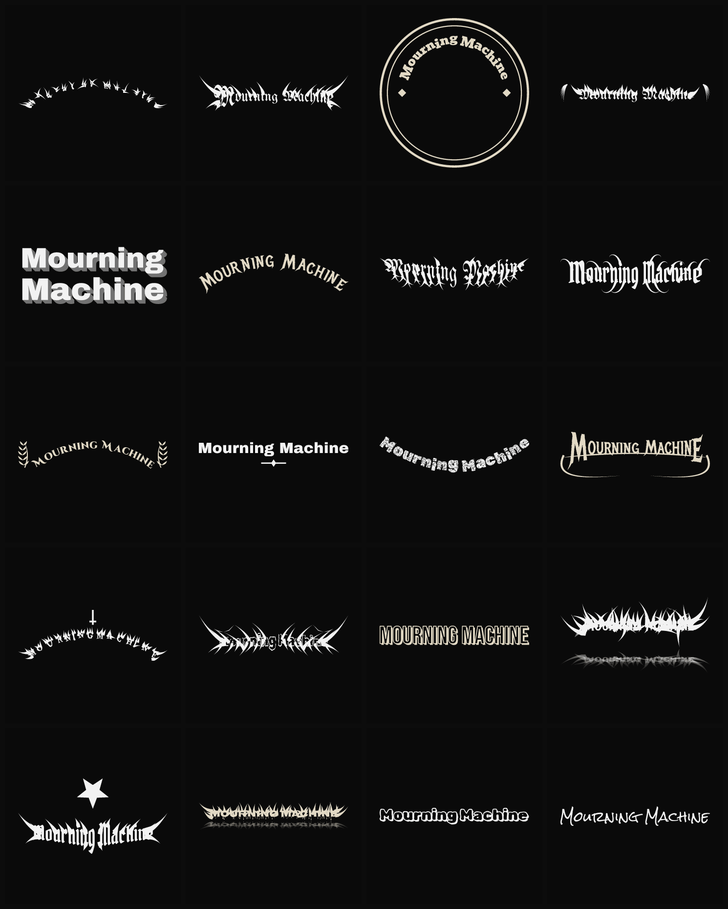 Twenty Mourning Machine band logo ideas — different faces, treatments and spike settings