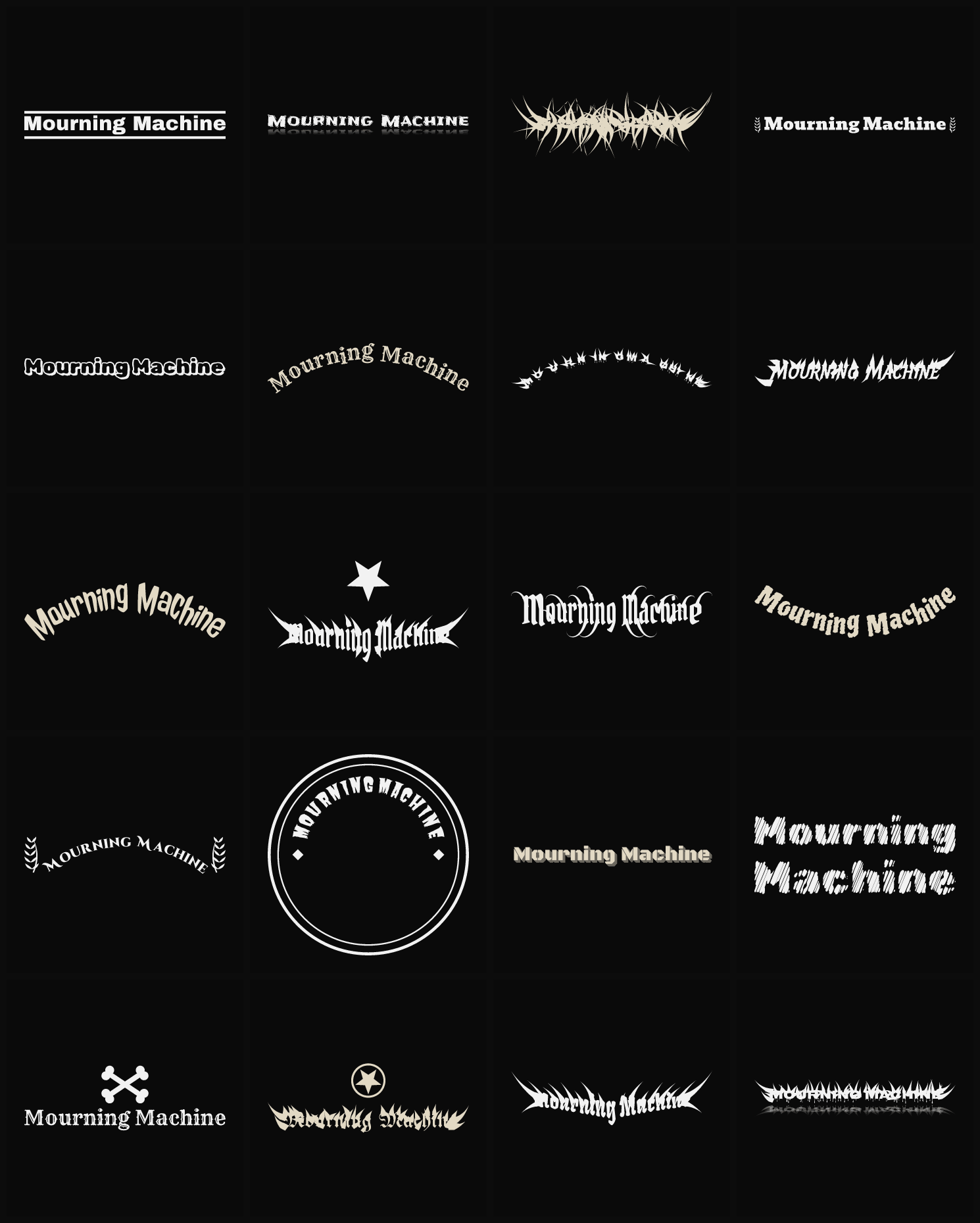 Twenty Mourning Machine band logo ideas — different faces, treatments and spike settings