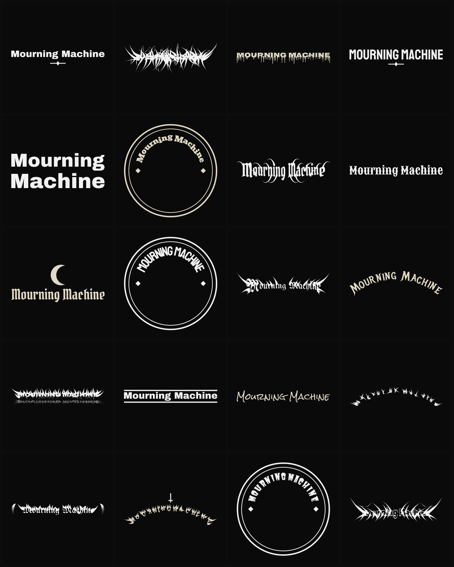 Twenty Mourning Machine band logo ideas — different faces, treatments and spike settings