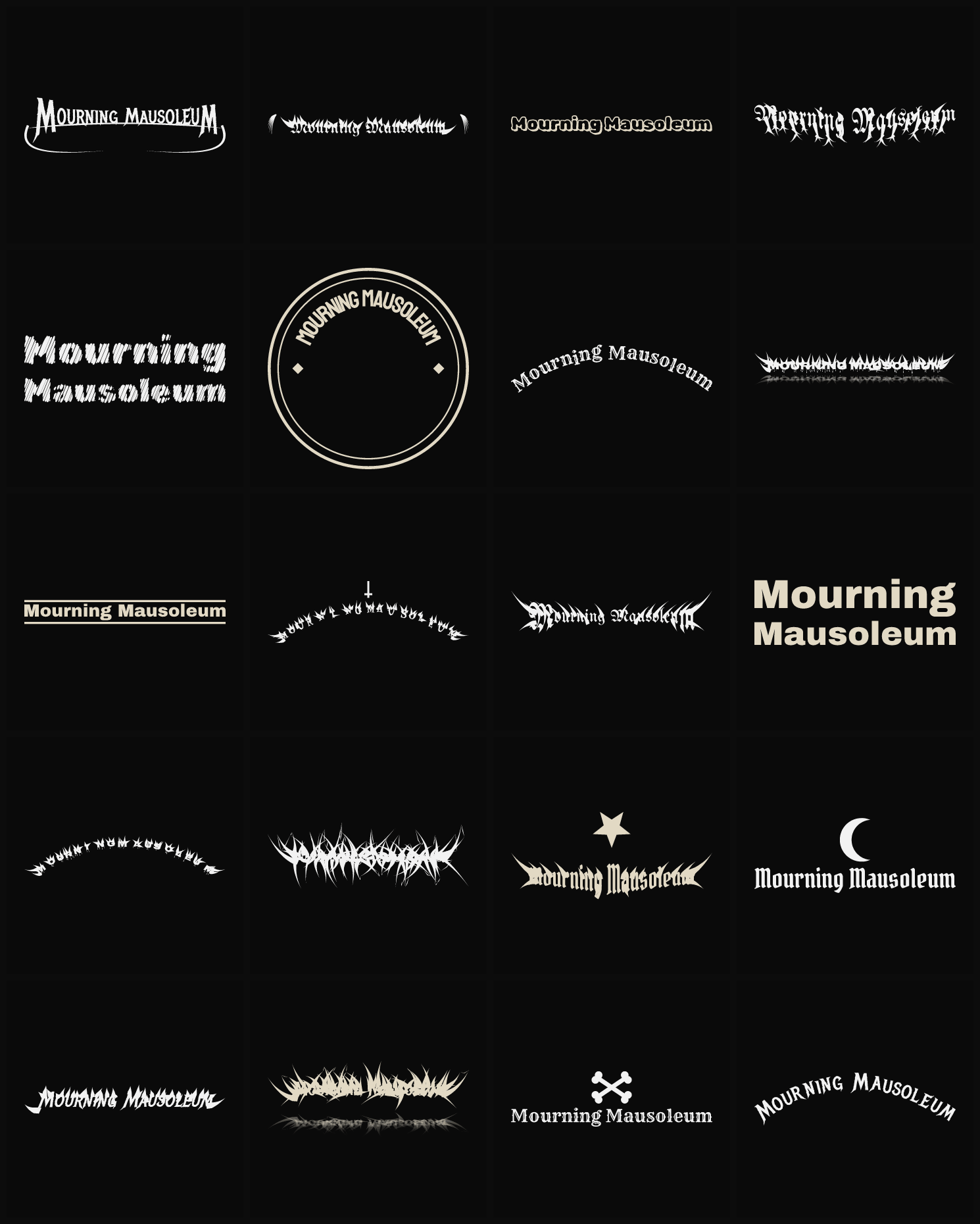 Twenty Mourning Mausoleum band logo ideas — different faces, treatments and spike settings