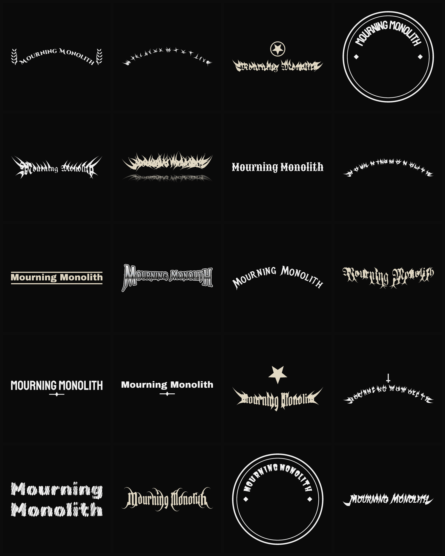Twenty Mourning Monolith band logo ideas — different faces, treatments and spike settings