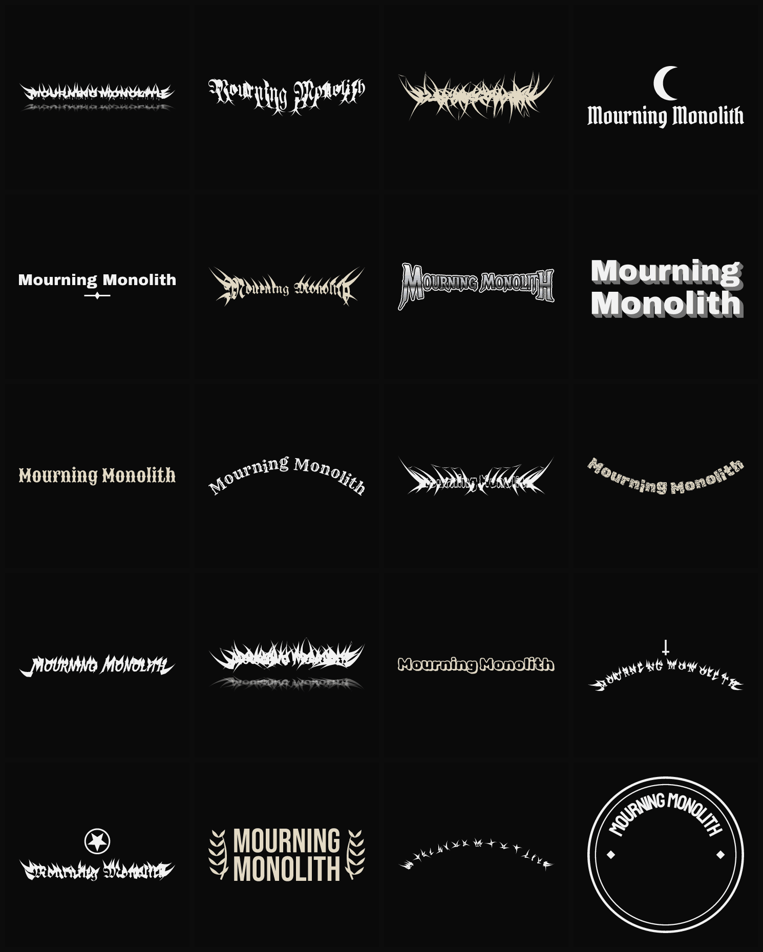 Twenty Mourning Monolith band logo ideas — different faces, treatments and spike settings