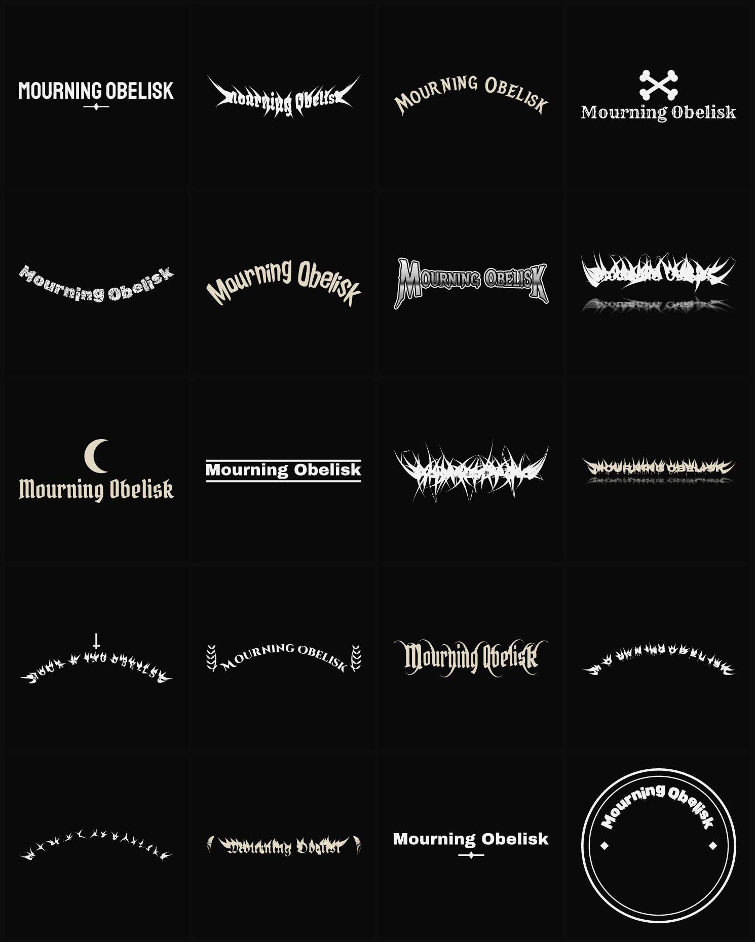 Twenty Mourning Obelisk band logo ideas — different faces, treatments and spike settings