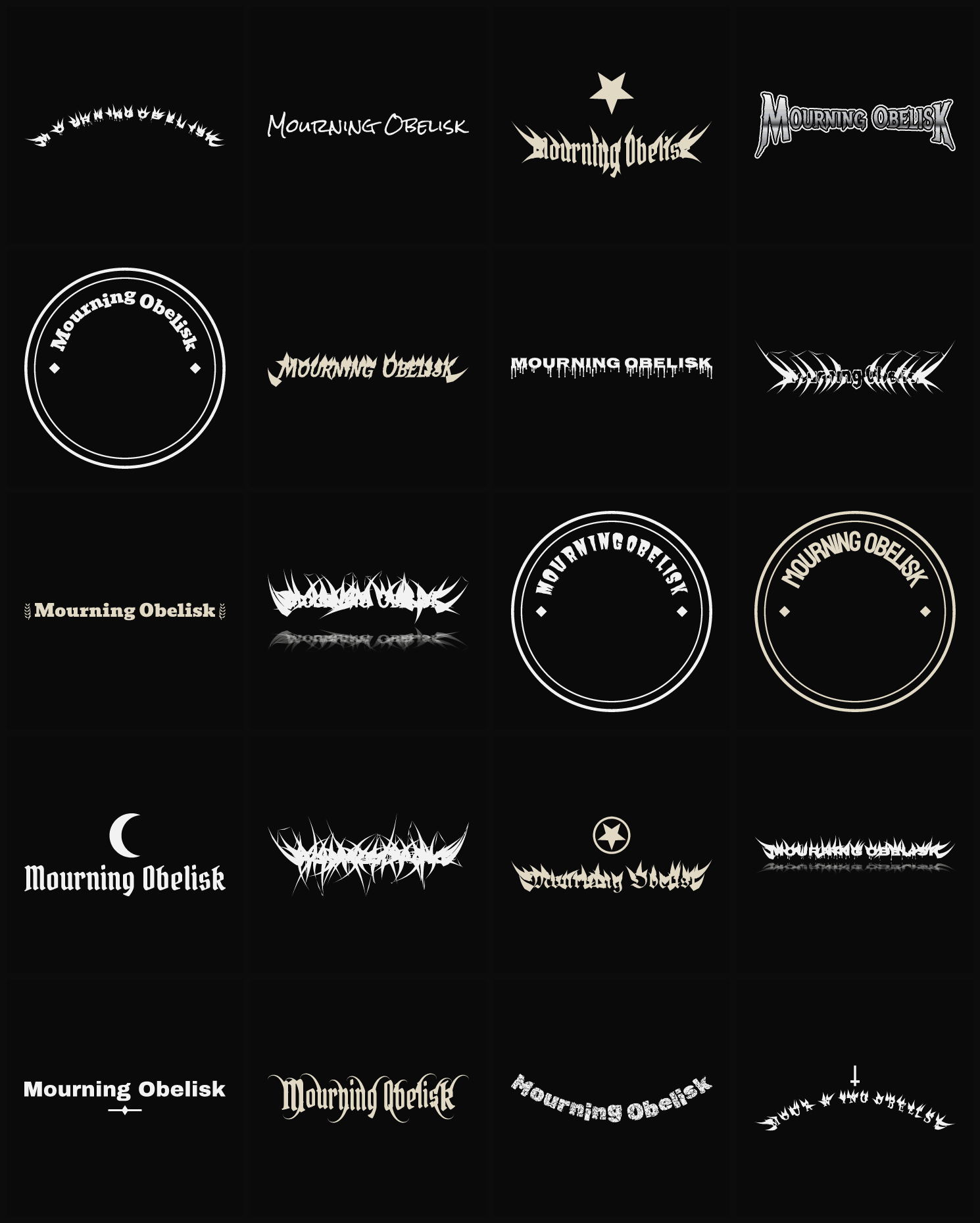 Twenty Mourning Obelisk band logo ideas — different faces, treatments and spike settings