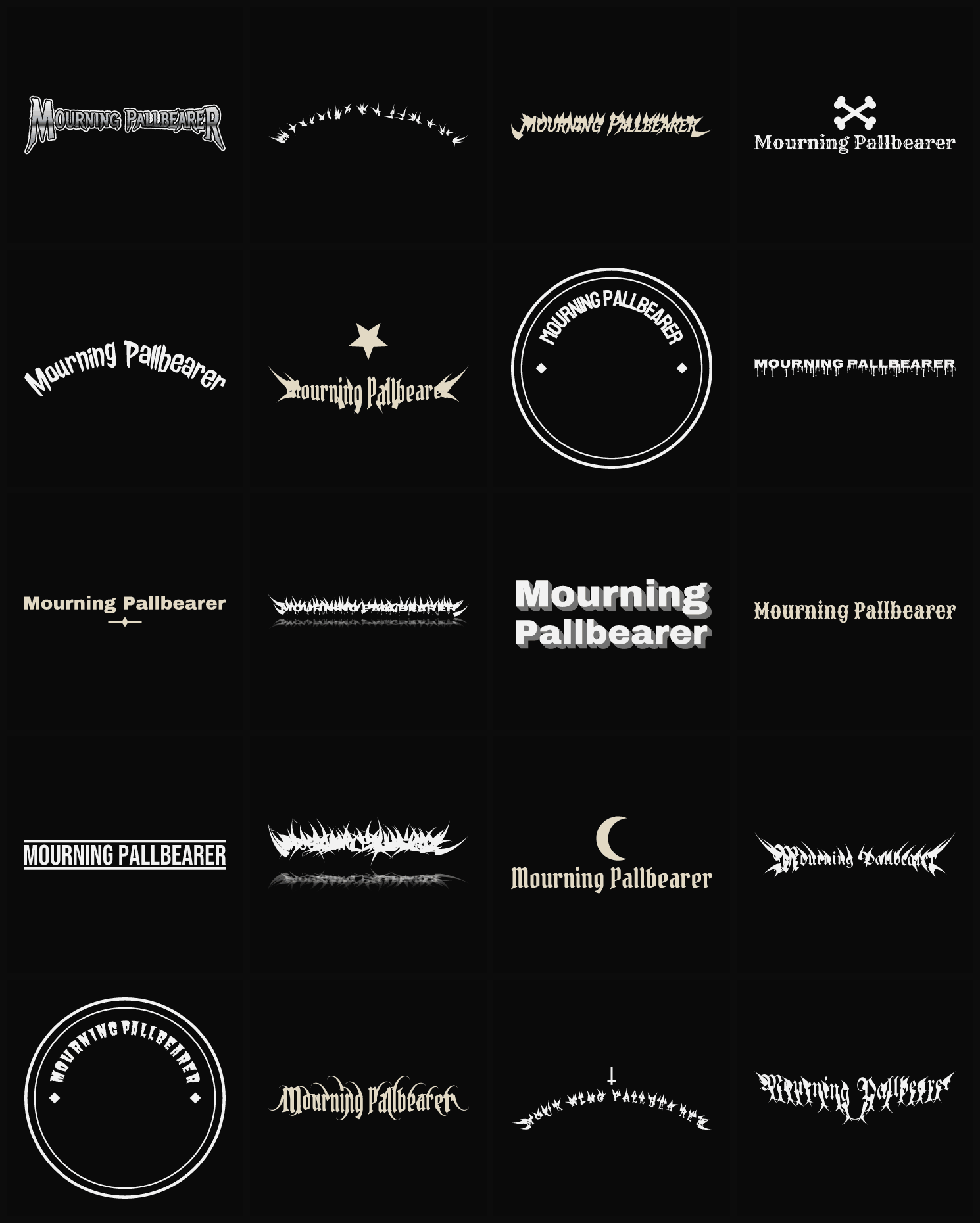 Twenty Mourning Pallbearer band logo ideas — different faces, treatments and spike settings