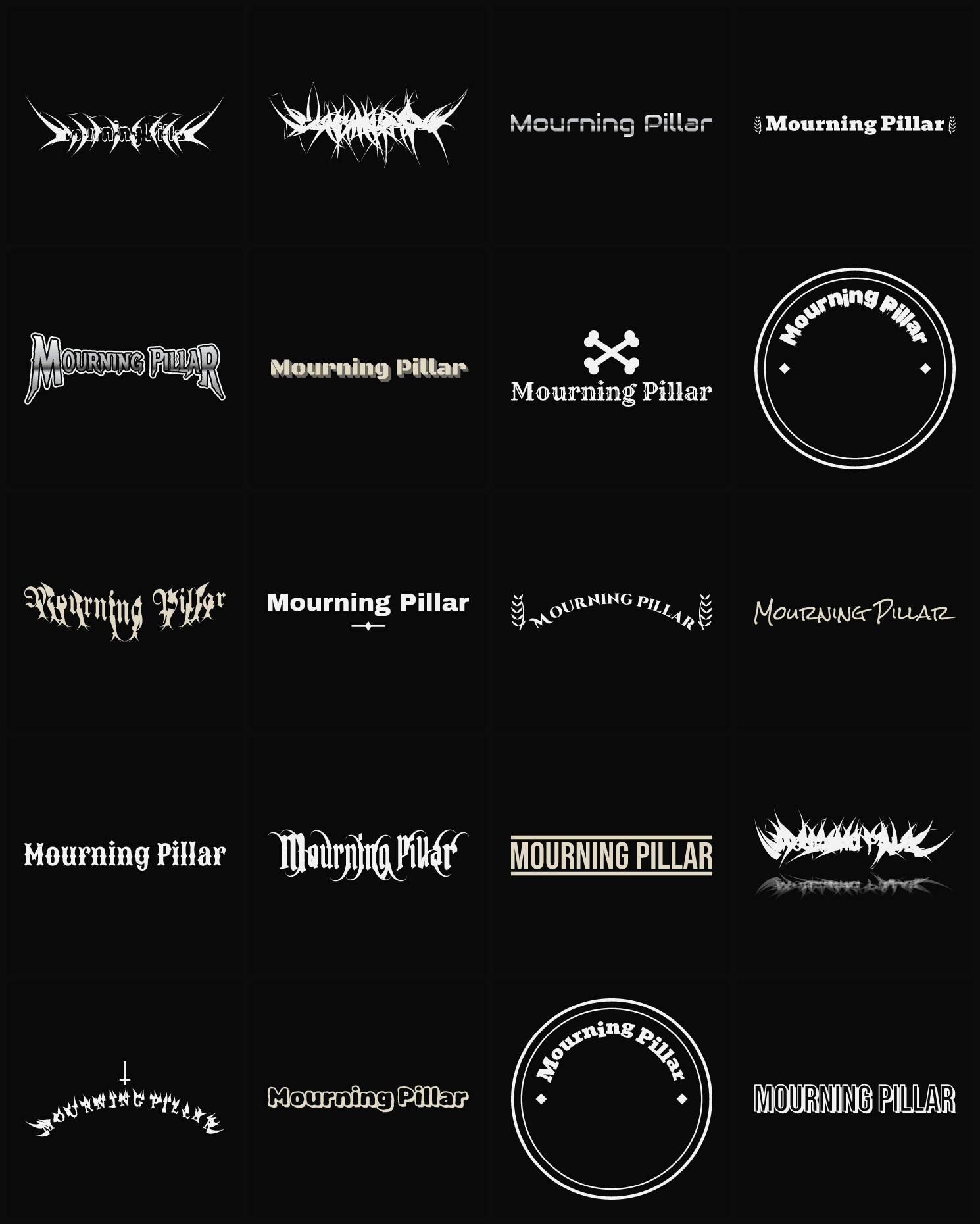 Twenty Mourning Pillar band logo ideas — different faces, treatments and spike settings