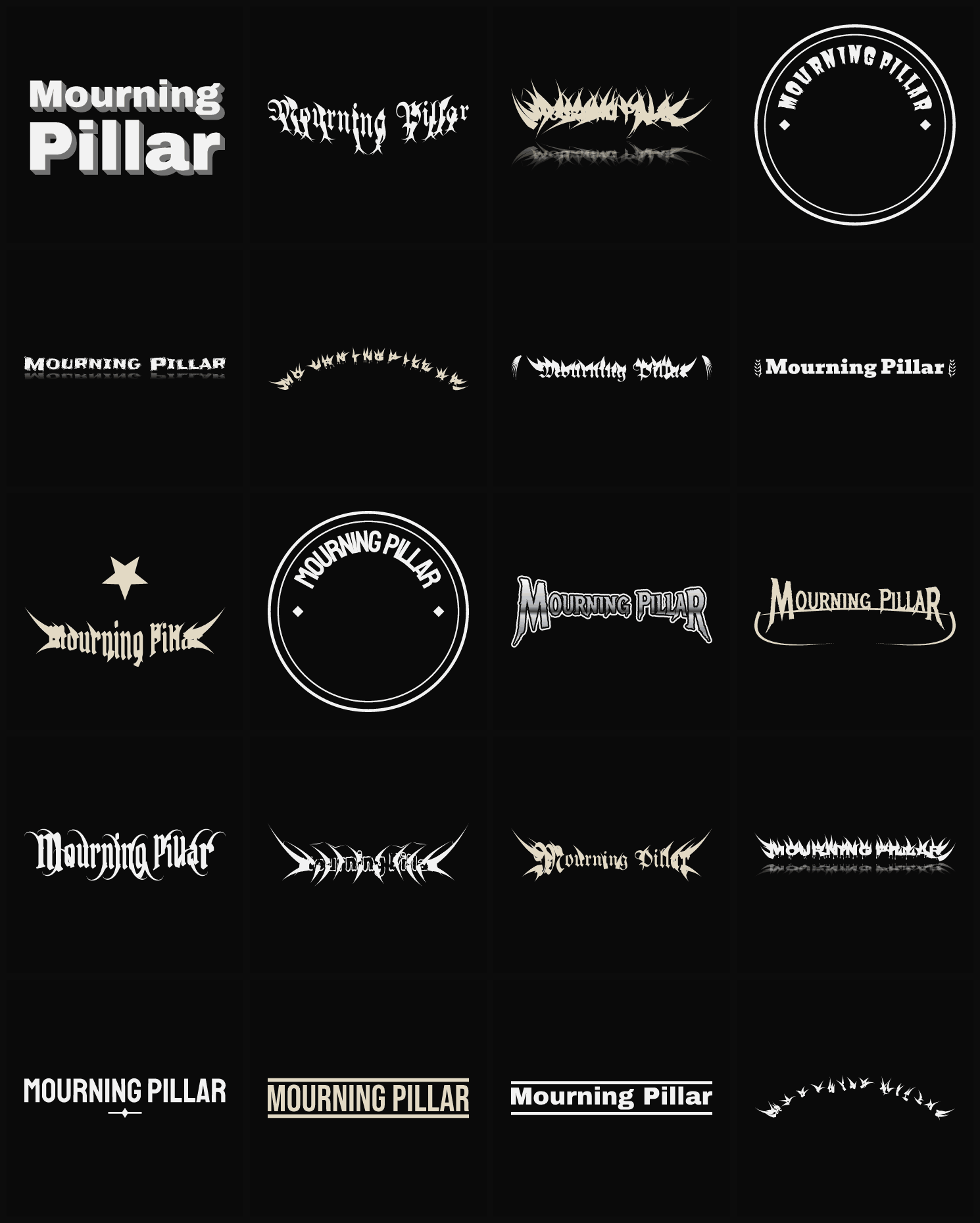 Twenty Mourning Pillar band logo ideas — different faces, treatments and spike settings