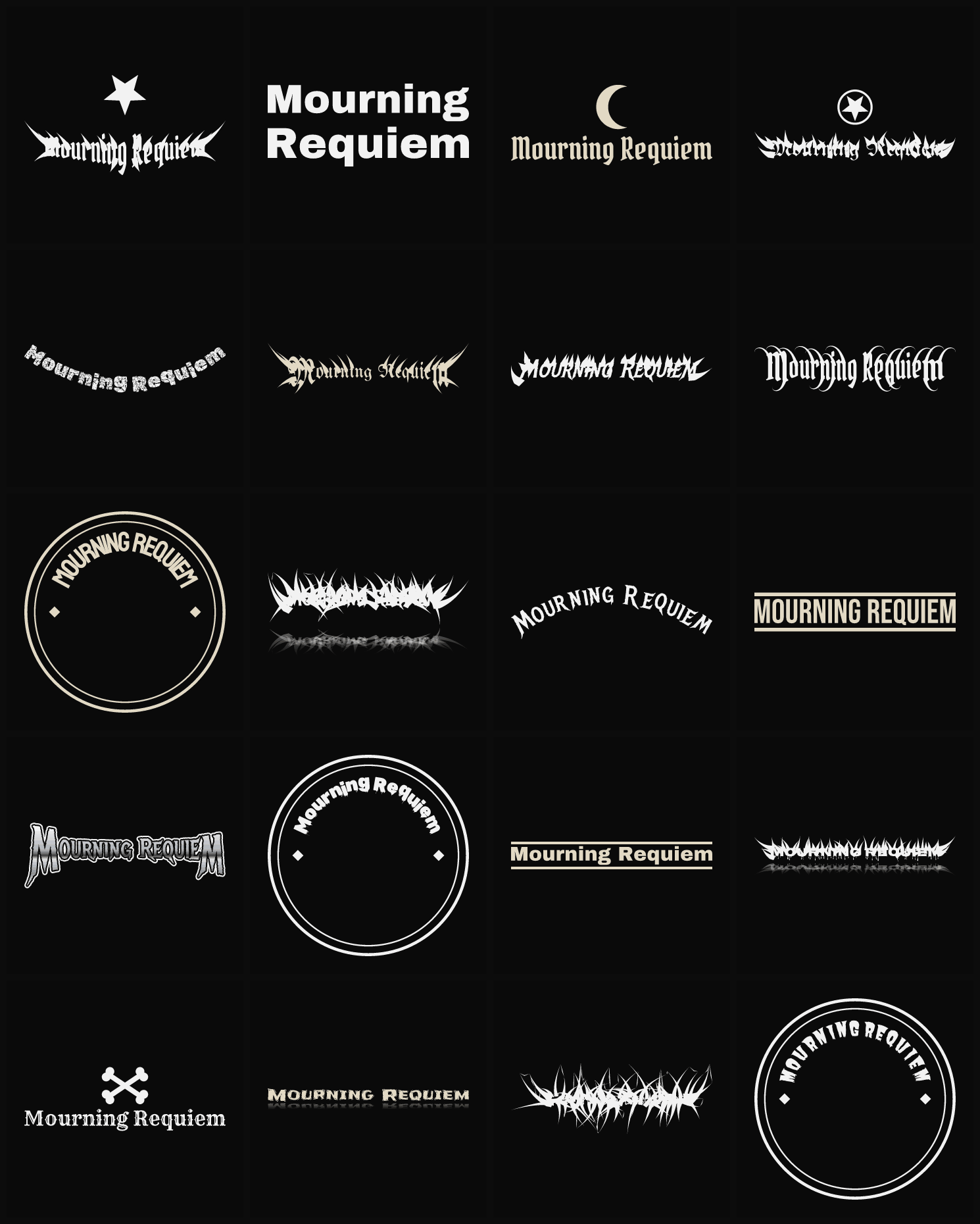 Twenty Mourning Requiem band logo ideas — different faces, treatments and spike settings