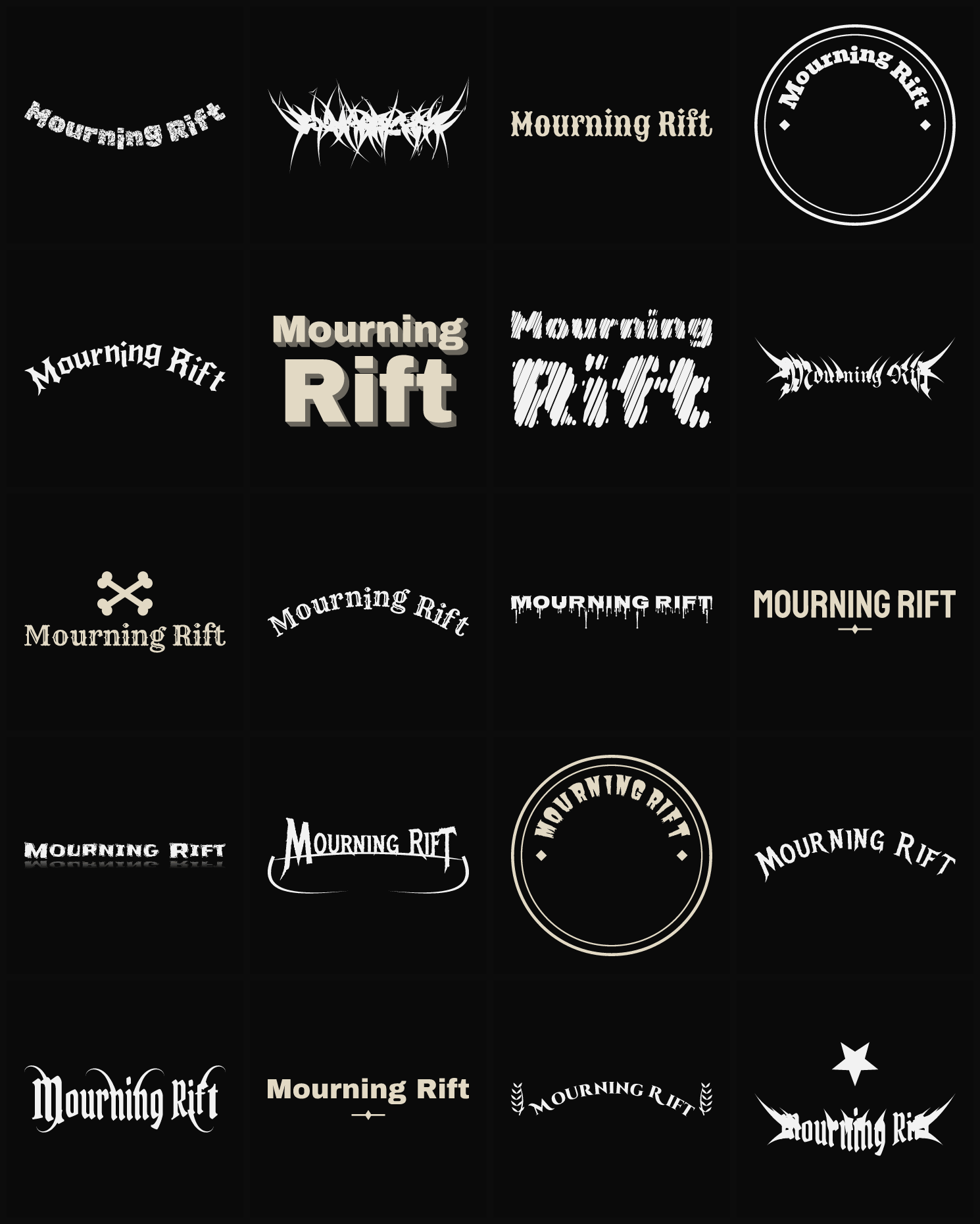 Twenty Mourning Rift band logo ideas — different faces, treatments and spike settings