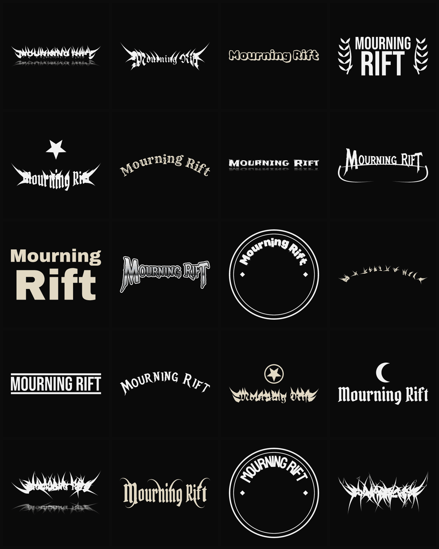 Twenty Mourning Rift band logo ideas — different faces, treatments and spike settings
